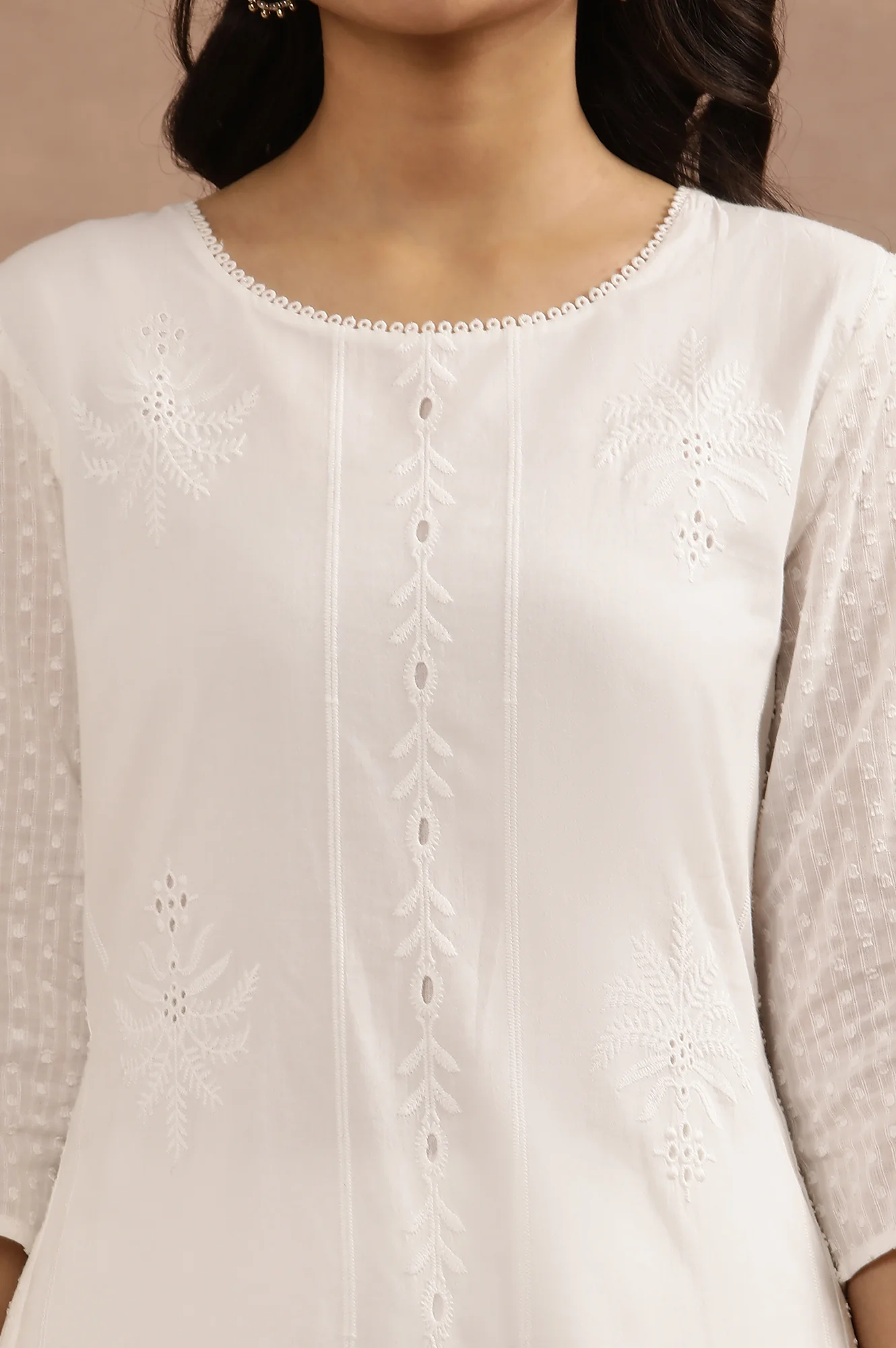White Textured Cotton Schiffli Kurta - Image 7
