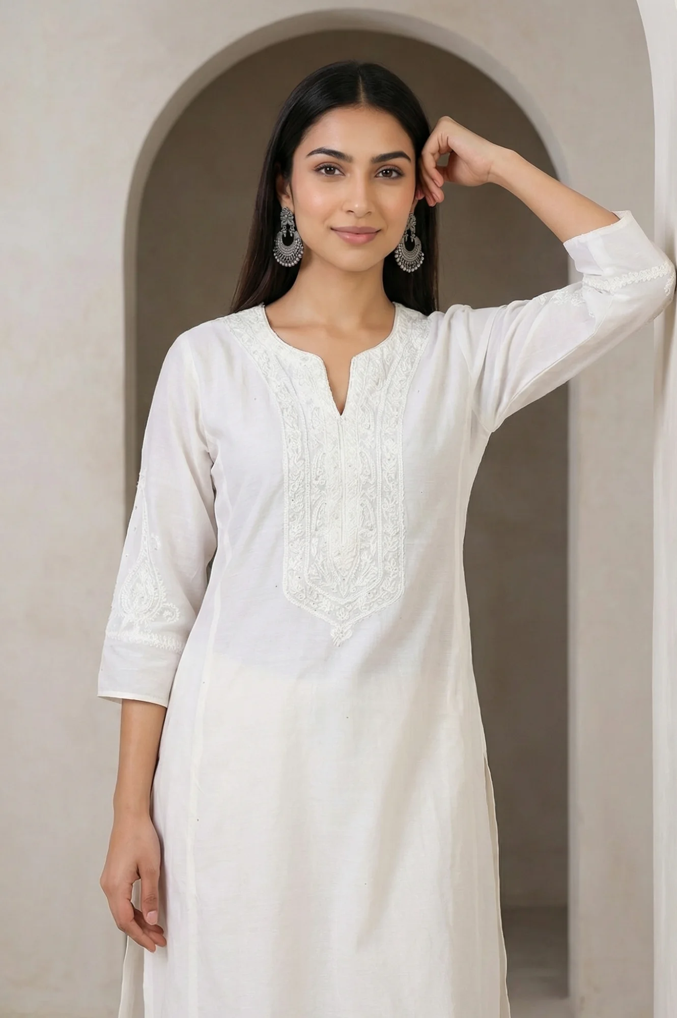 White Thread Embroidered Cotton Blend Straight Kurta - Image 3