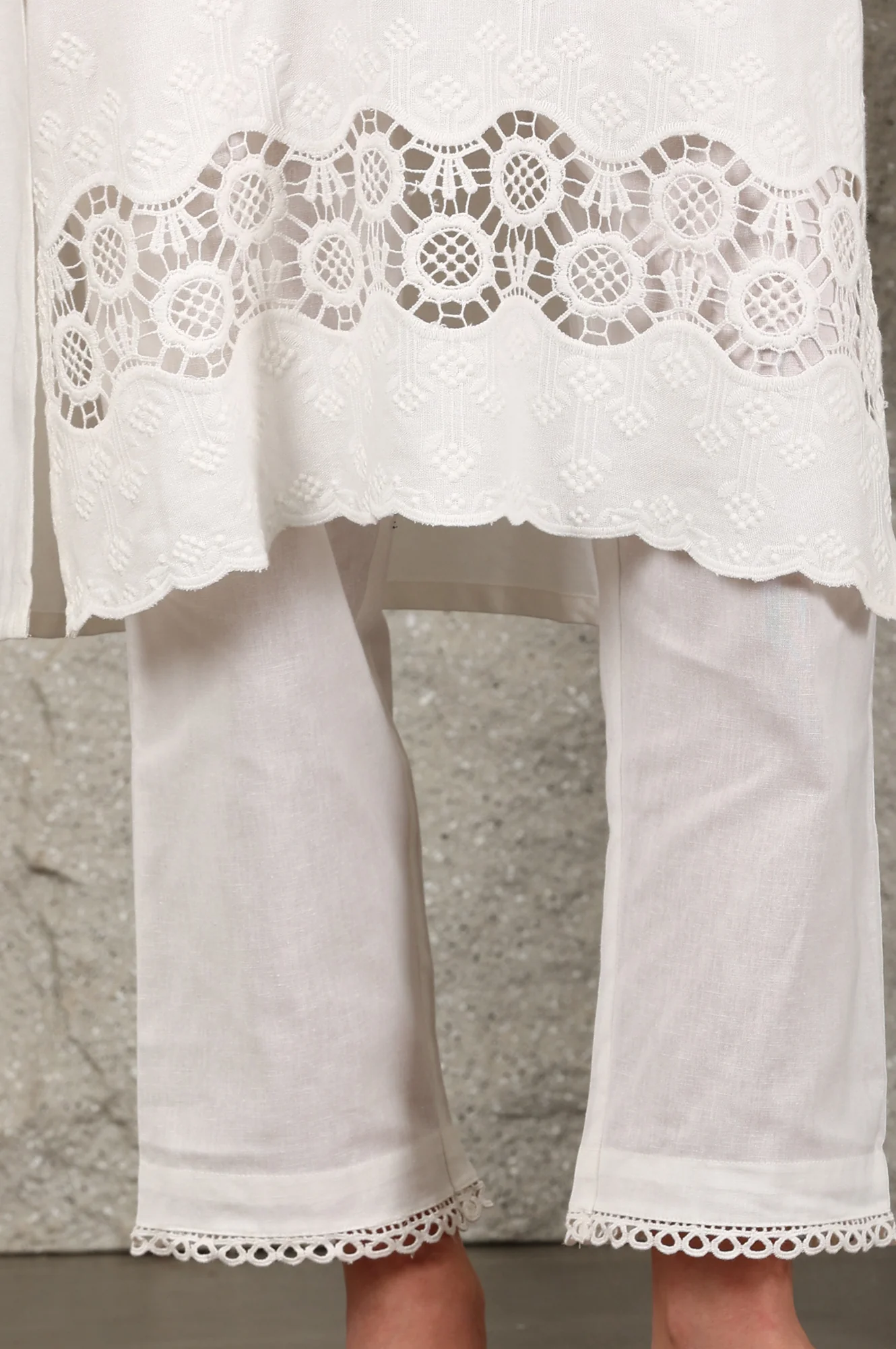 White Thread Embroidered Linen Rayon Crepe Straight Kurta And Pants Set - Image 10