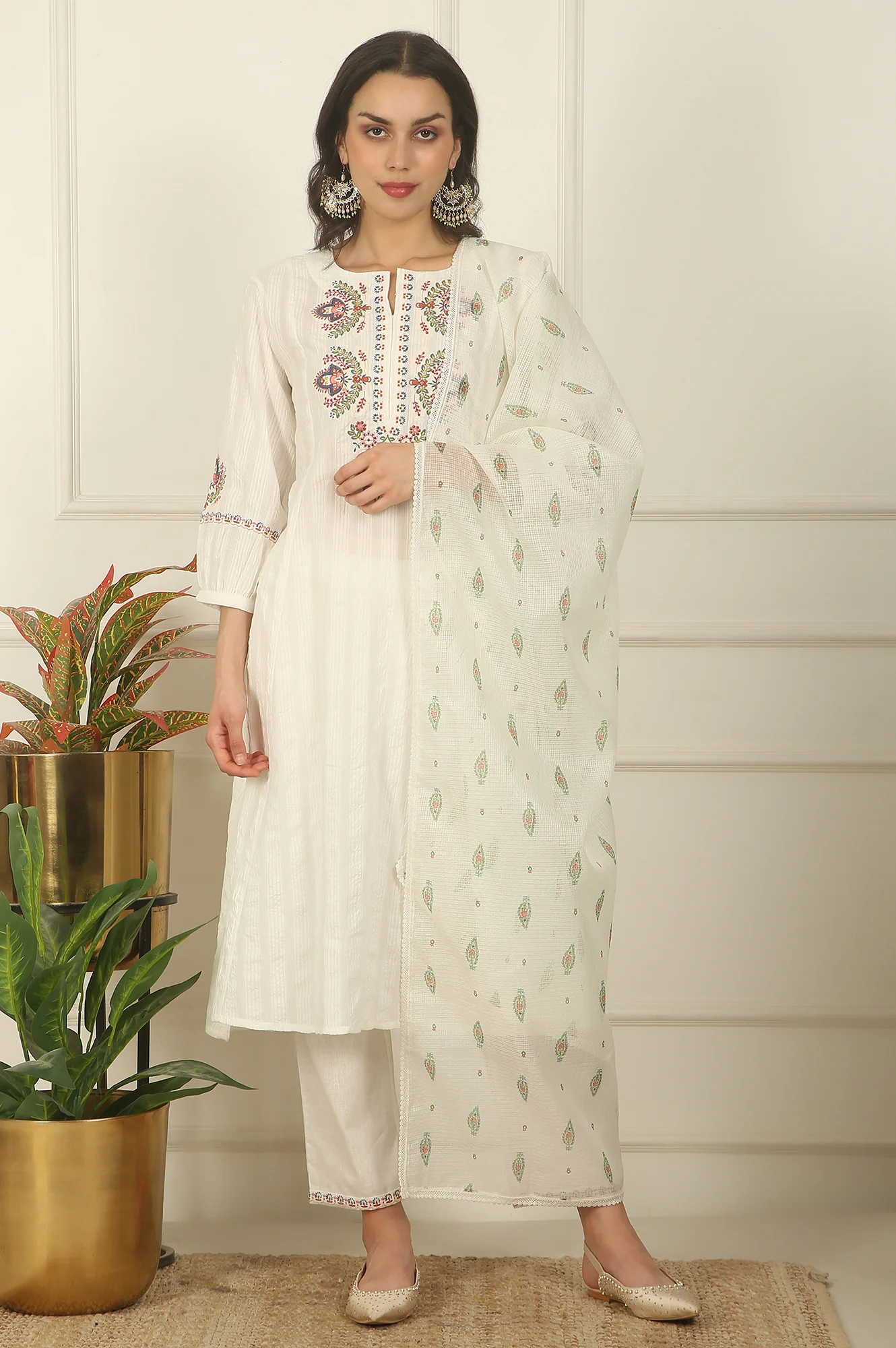 White Thread Embroidered Pure Cotton Flared Kurta, Pants and Dupatta Set - Image 2