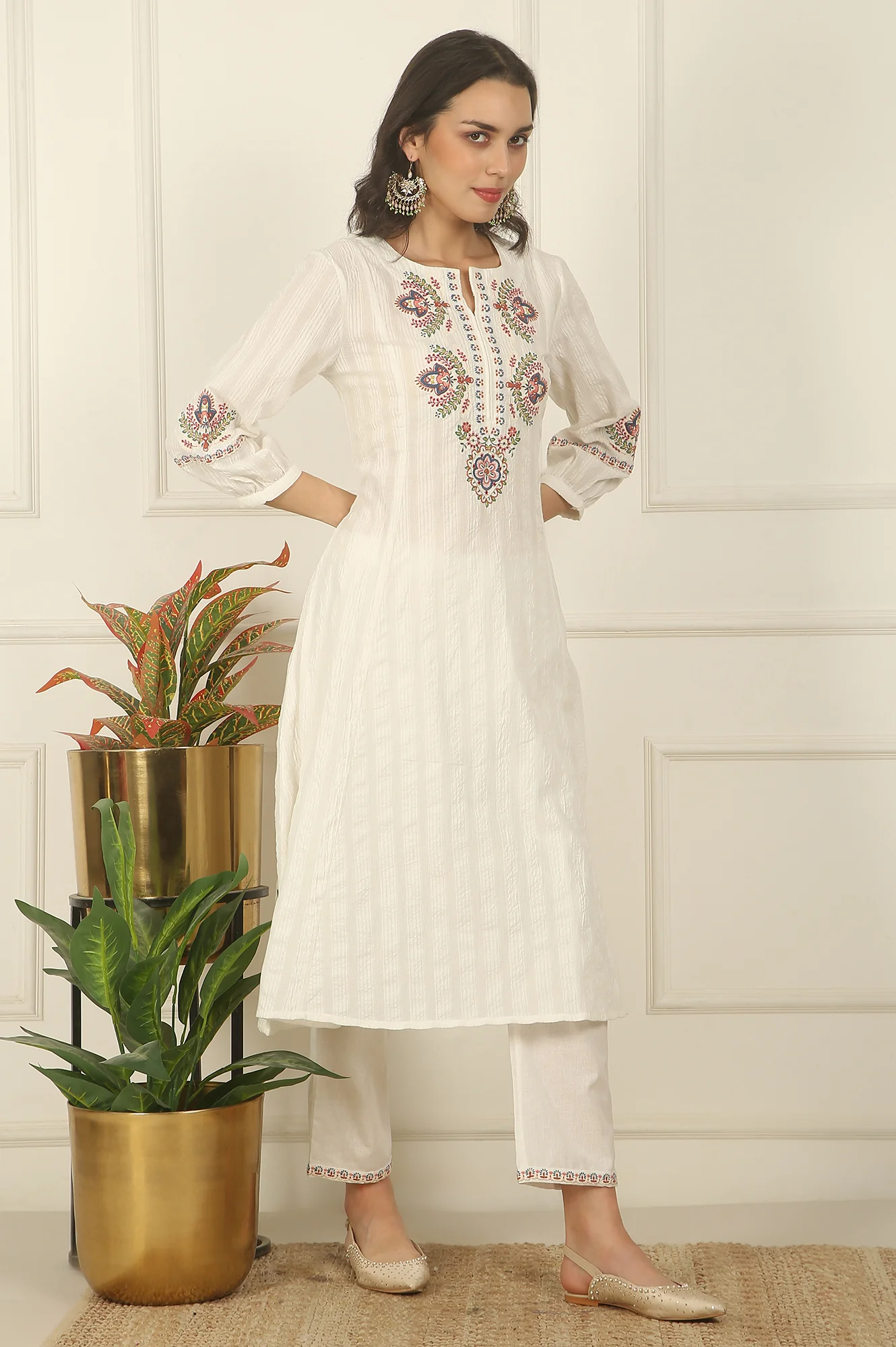 White Thread Embroidered Pure Cotton Flared Kurta, Pants and Dupatta Set - Image 6