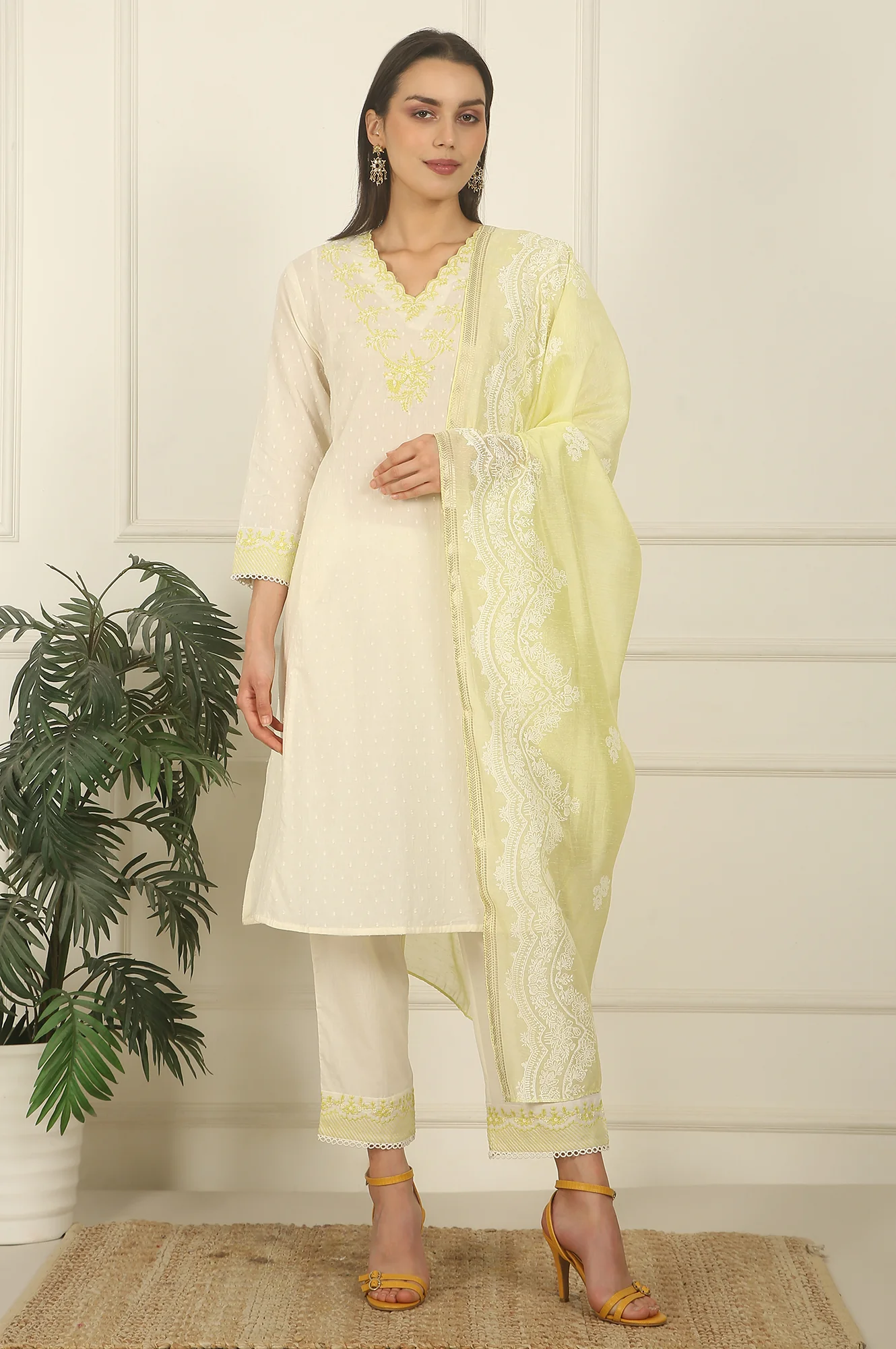 White Thread Embroidered Textured Cotton A-line Kurta, Straight Pants and Dupatta Set - Image 2
