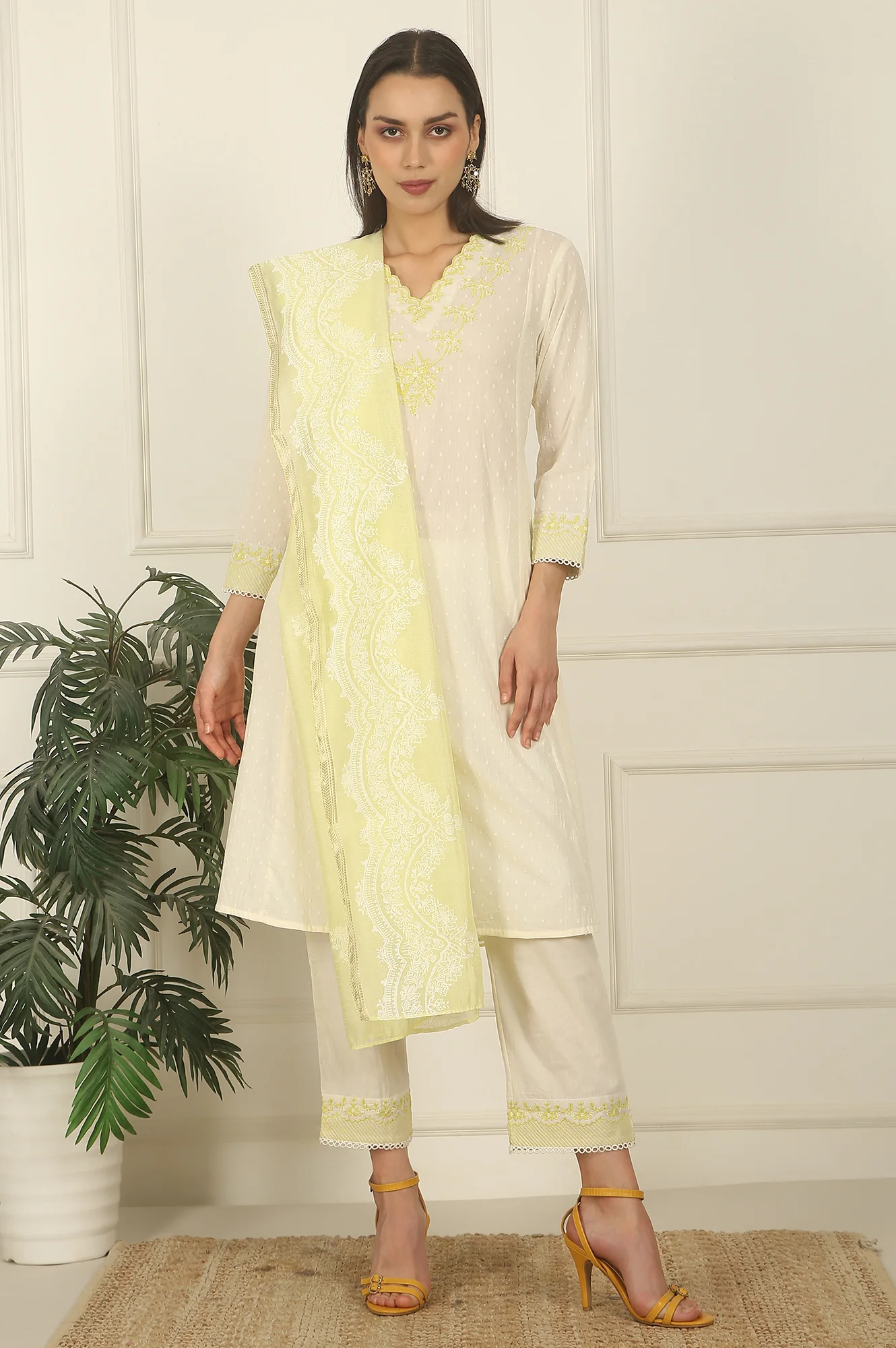 White Thread Embroidered Textured Cotton A-line Kurta, Straight Pants and Dupatta Set - Image 3