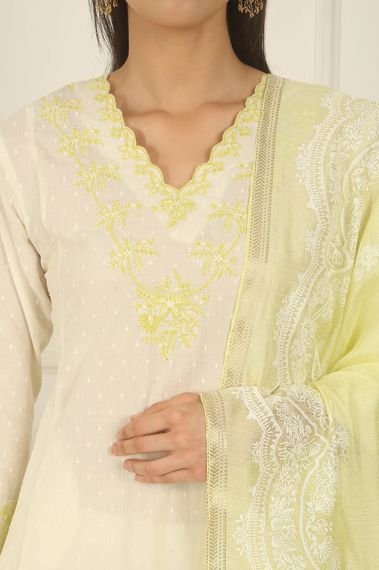 White Thread Embroidered Textured Cotton A-line Kurta, Straight Pants and Dupatta Set - Image 4