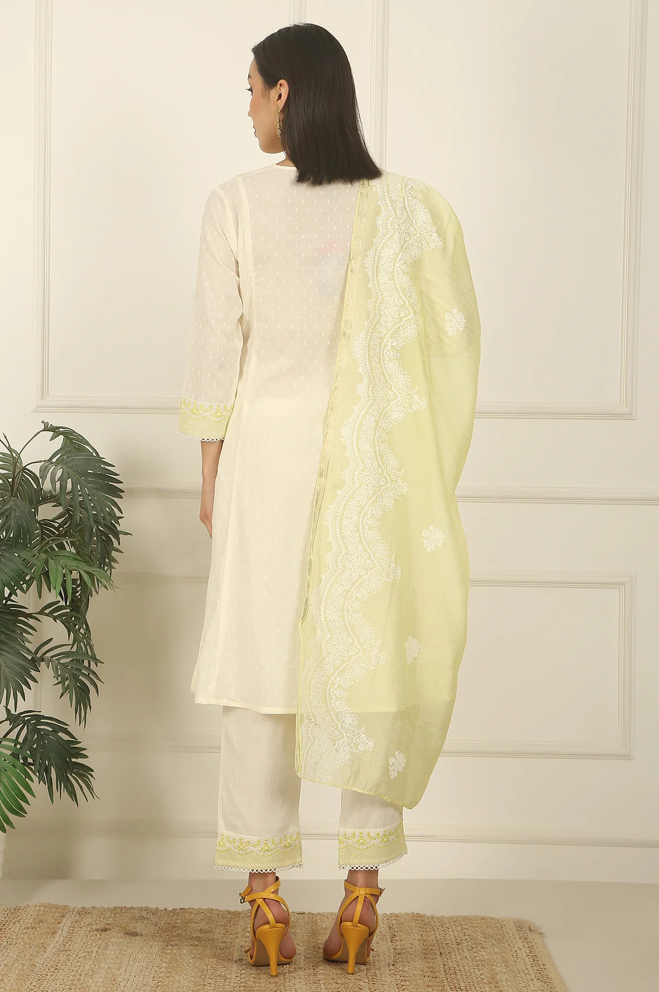 White Thread Embroidered Textured Cotton A-line Kurta, Straight Pants and Dupatta Set - Image 6