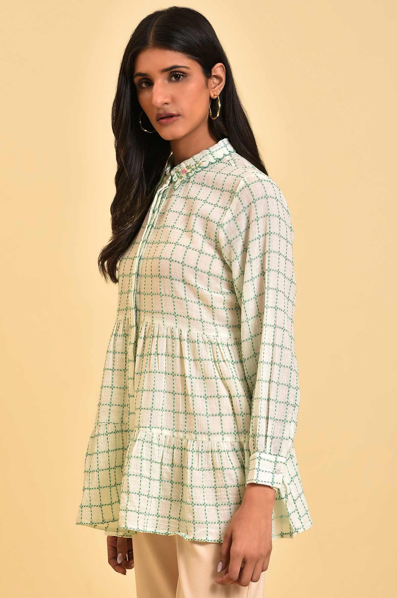 White Tiered Top with Green Stitch Lines - Image 3