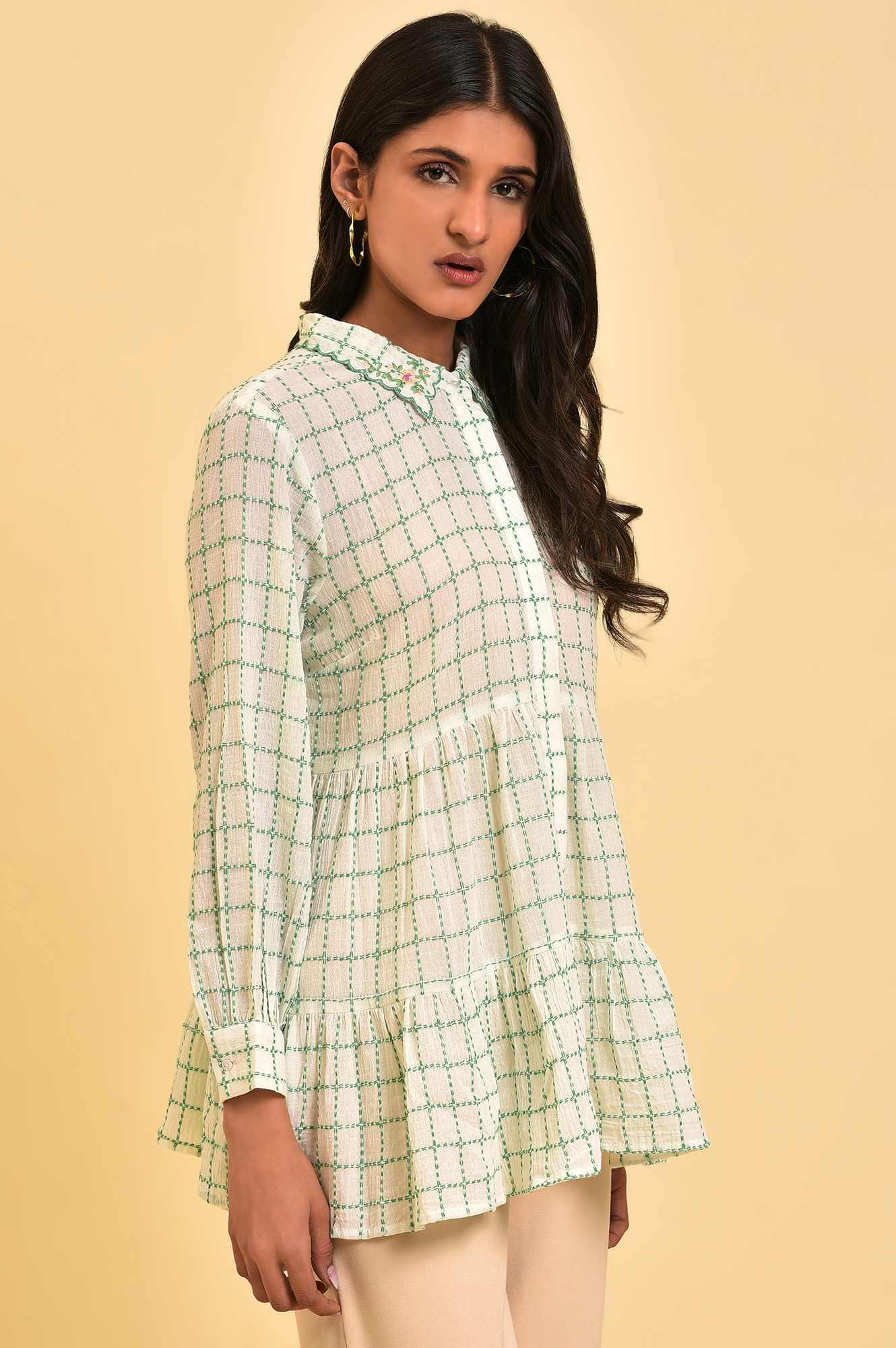 White Tiered Top with Green Stitch Lines - Image 4