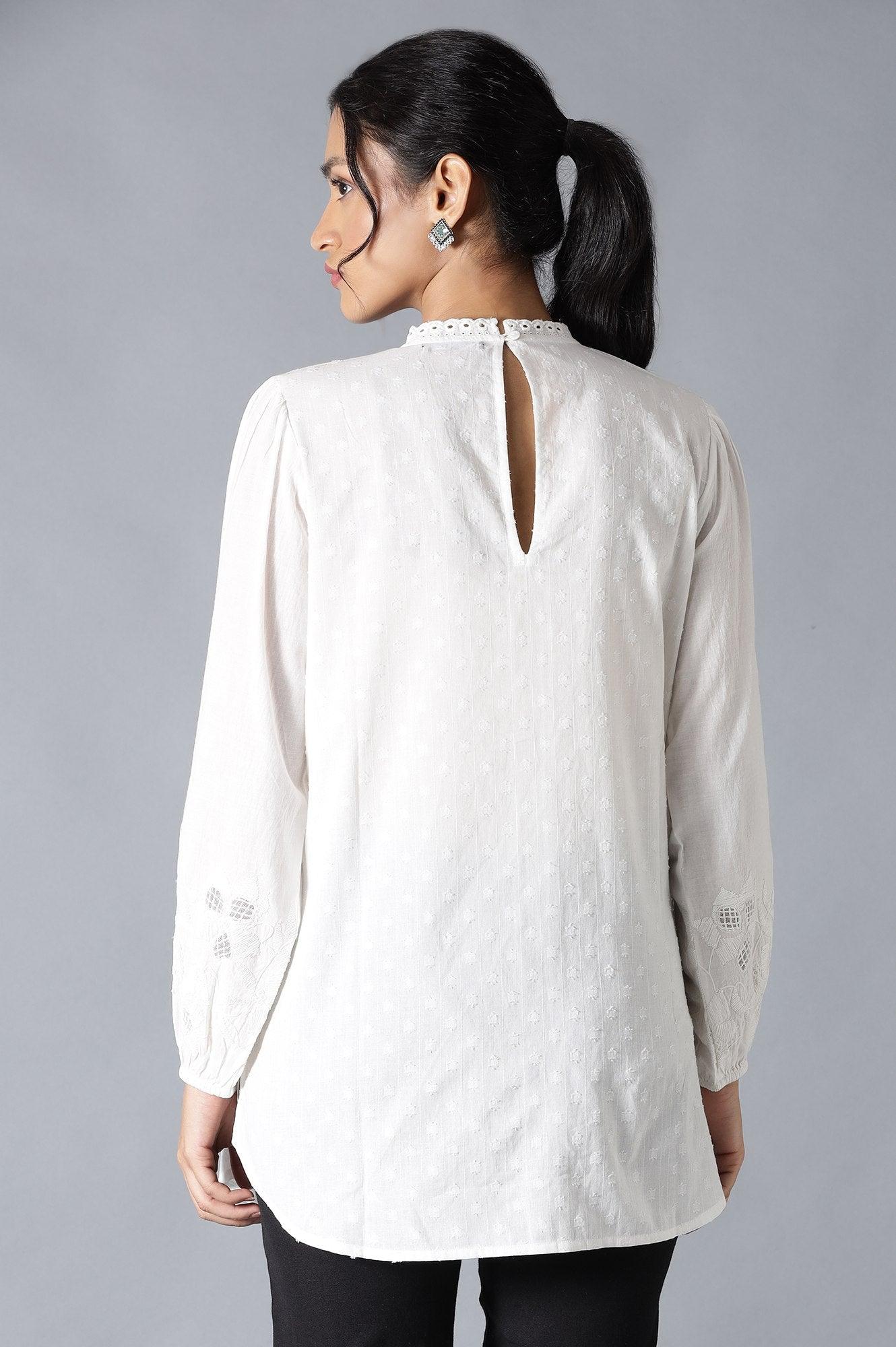 White Top With Lace And Applique Embroidered Sleeves - Image 2