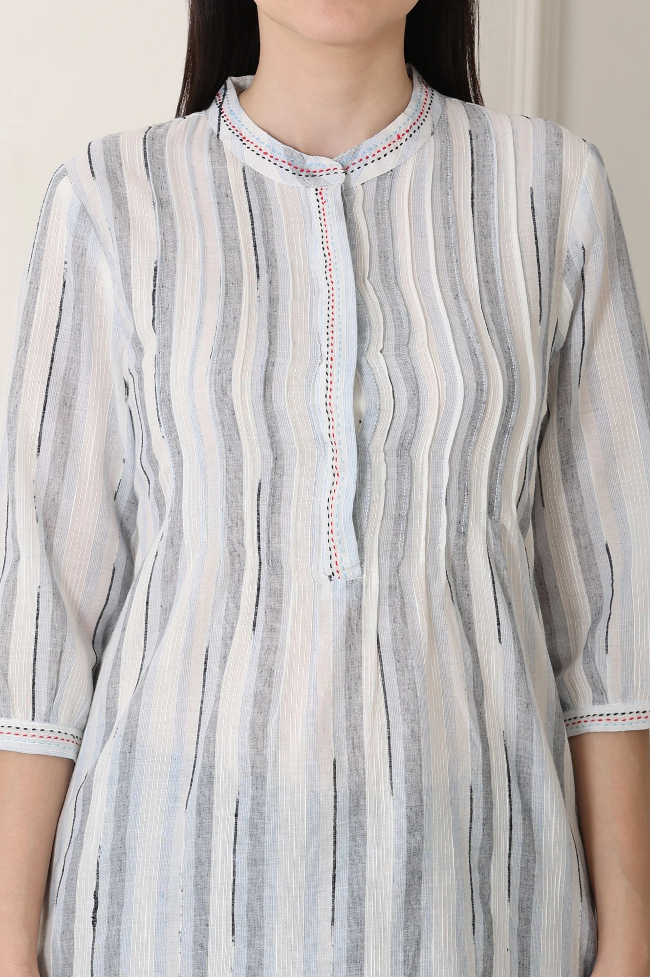 White Yarn-Dyed Cotton Blend Mandarin Collar Top - Image 3