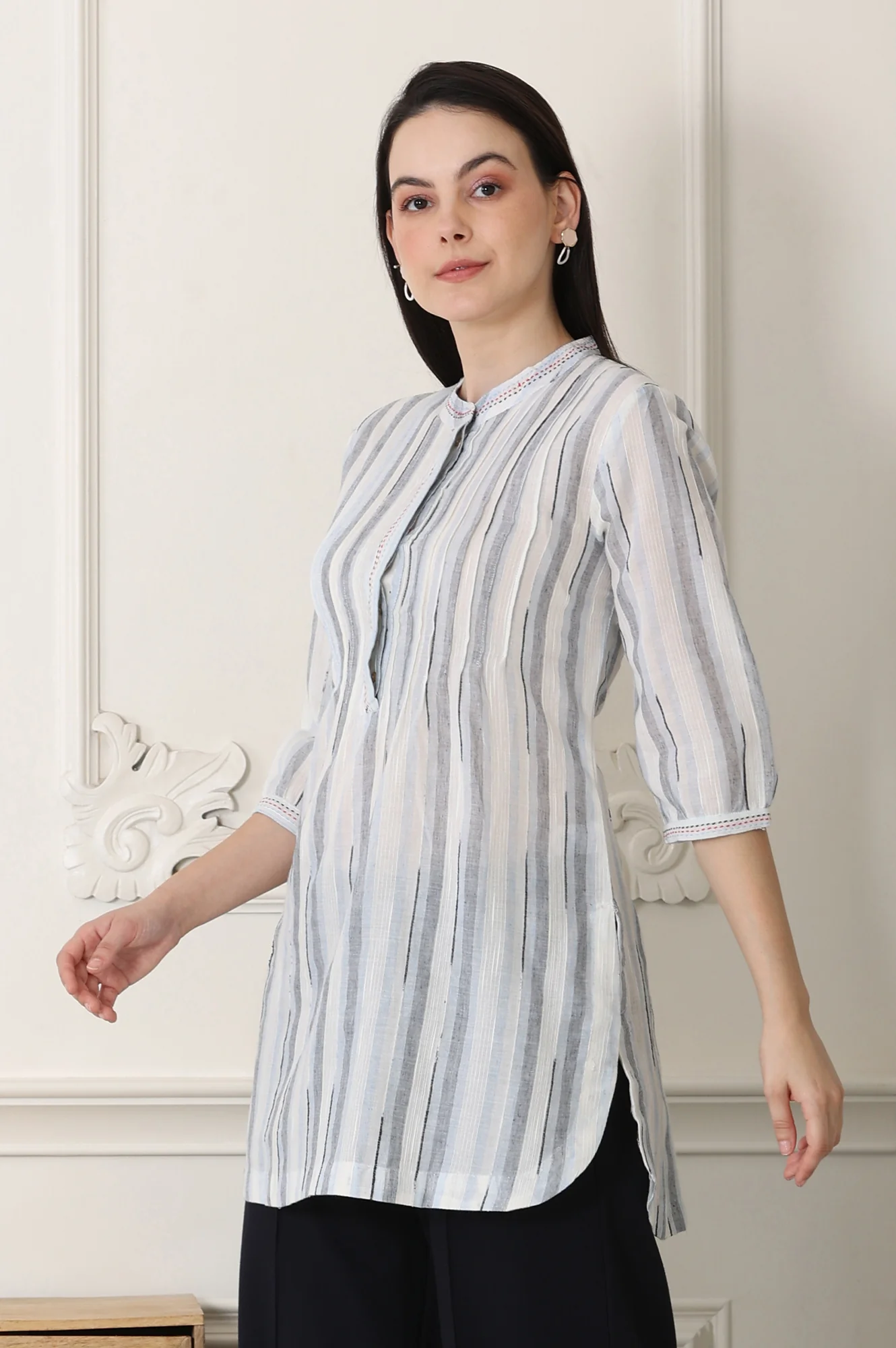 White Yarn-Dyed Cotton Blend Mandarin Collar Top - Image 4