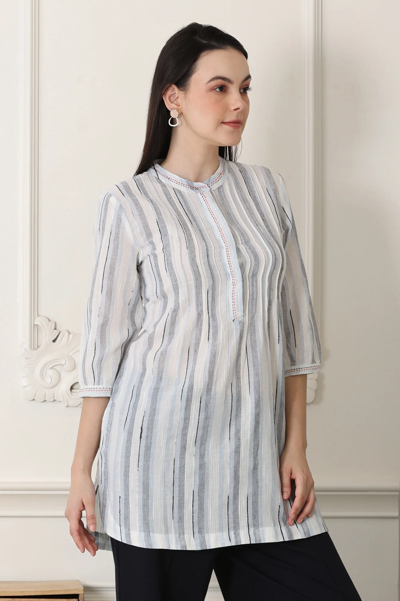 White Yarn-Dyed Cotton Blend Mandarin Collar Top - Image 6