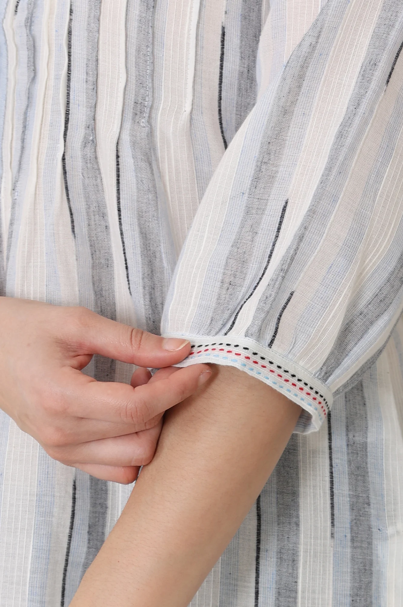 White Yarn-Dyed Cotton Blend Mandarin Collar Top - Image 7