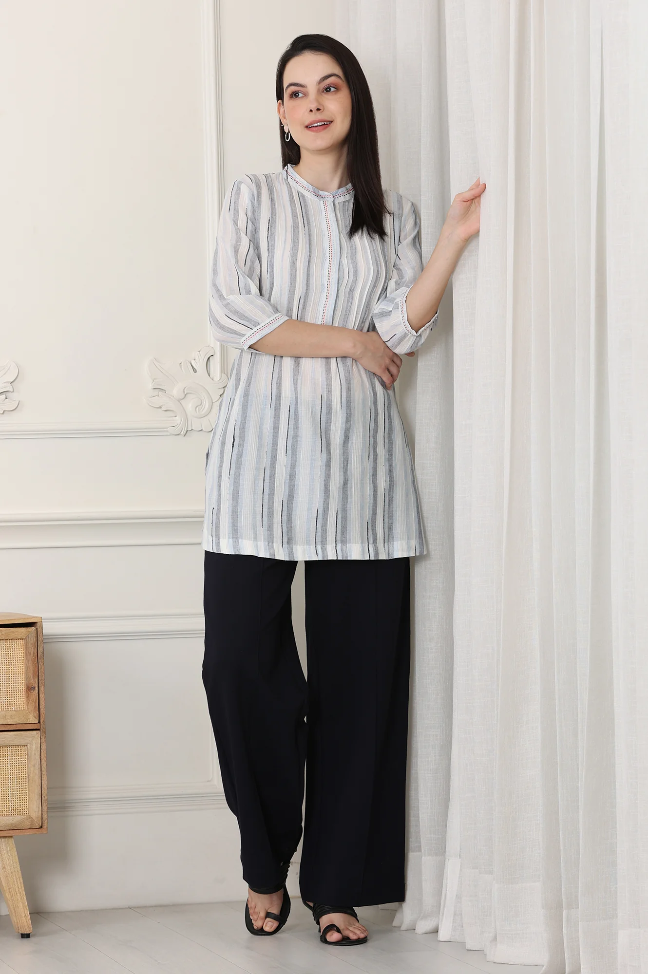 White Yarn-Dyed Cotton Blend Mandarin Collar Top - Image 8