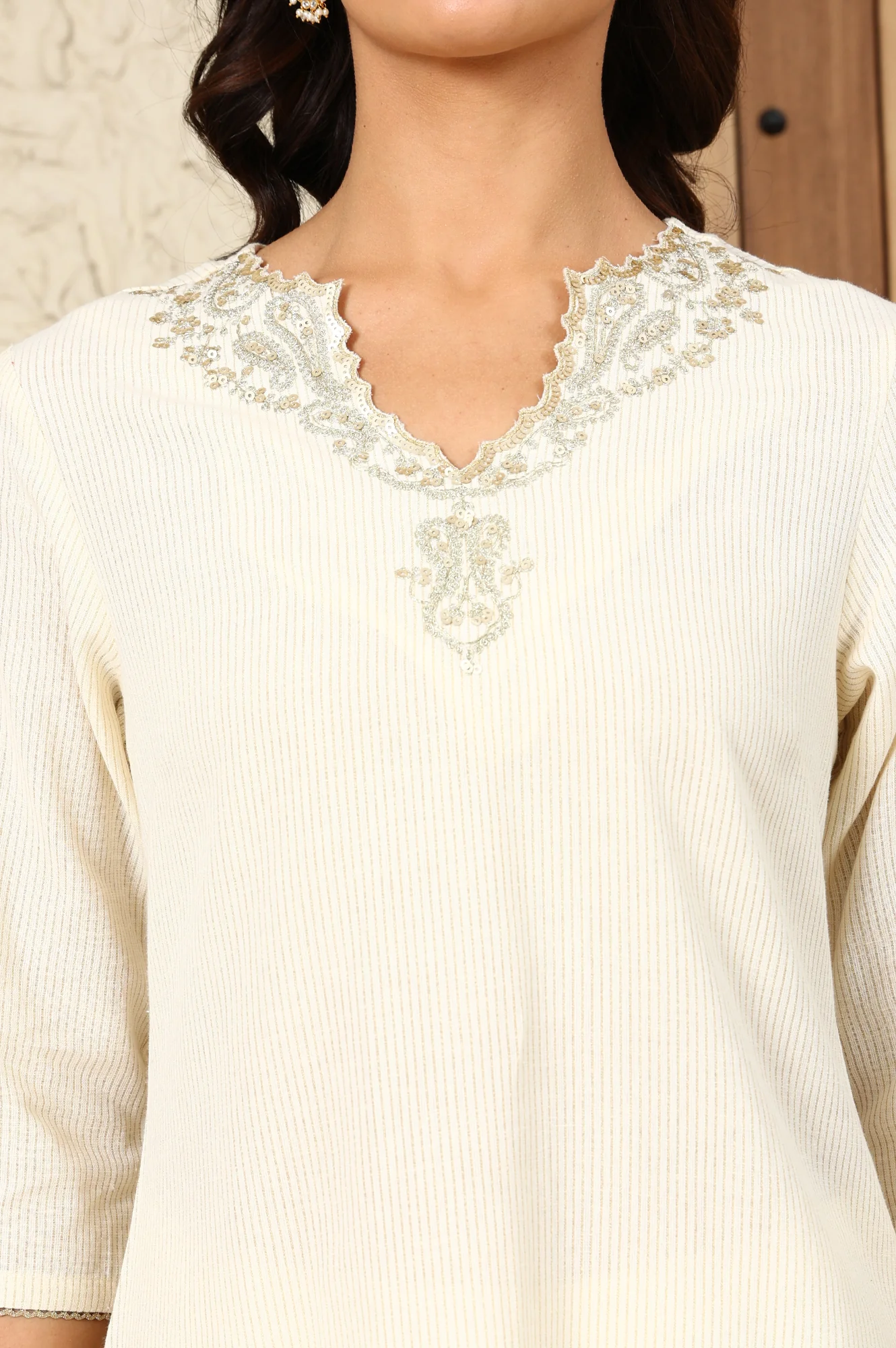 White Yarn-Dyed Embroidered Cotton Flax Straight Kurta With Lurex Stripes - Image 2