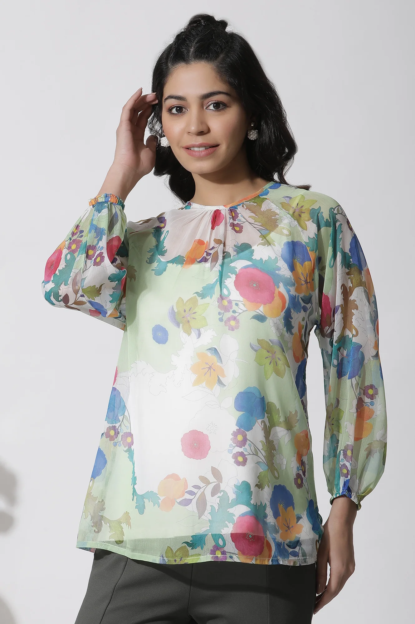 Whote Floral Printed Chiffon Top - Image 2
