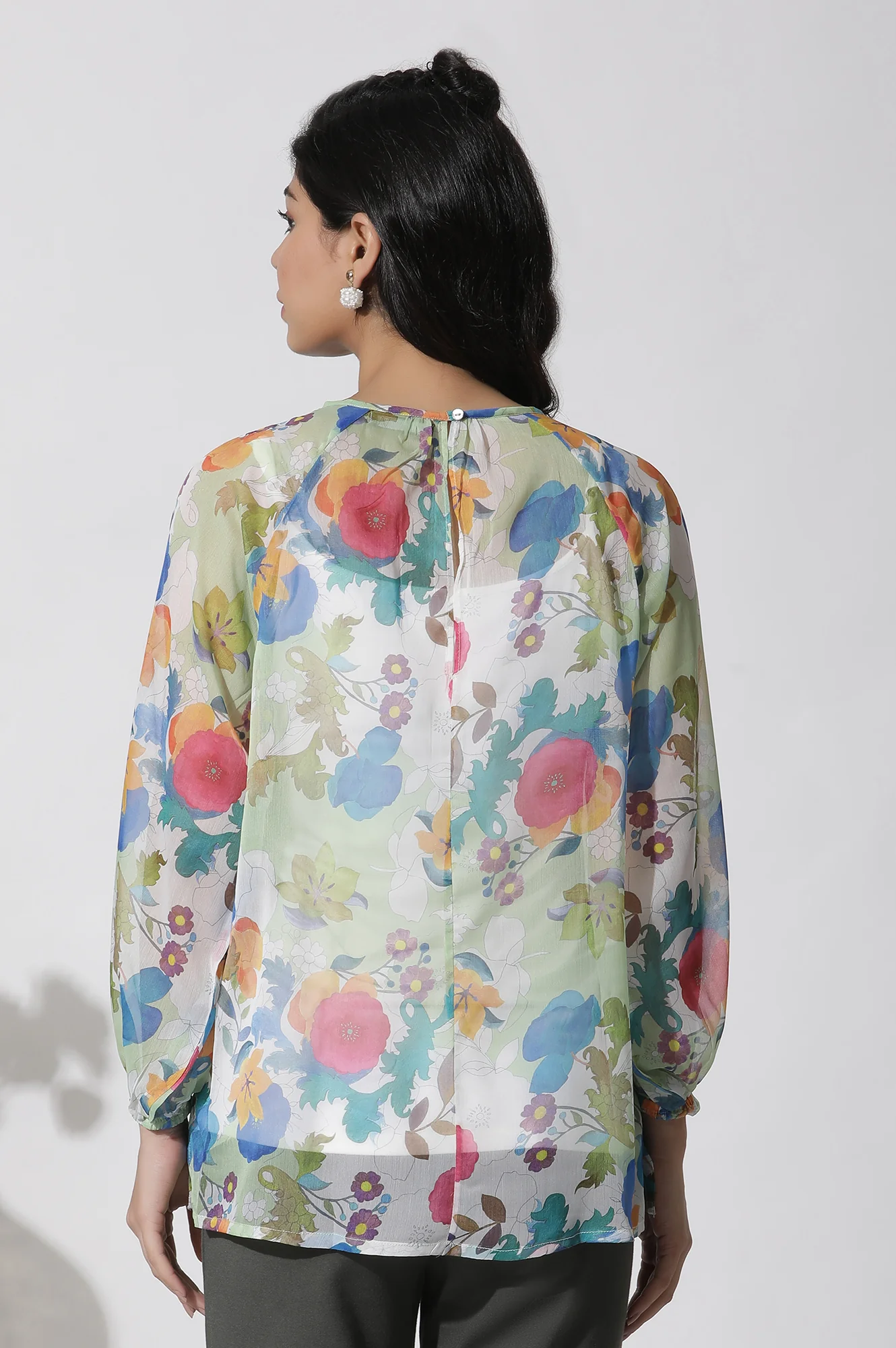 Whote Floral Printed Chiffon Top - Image 3