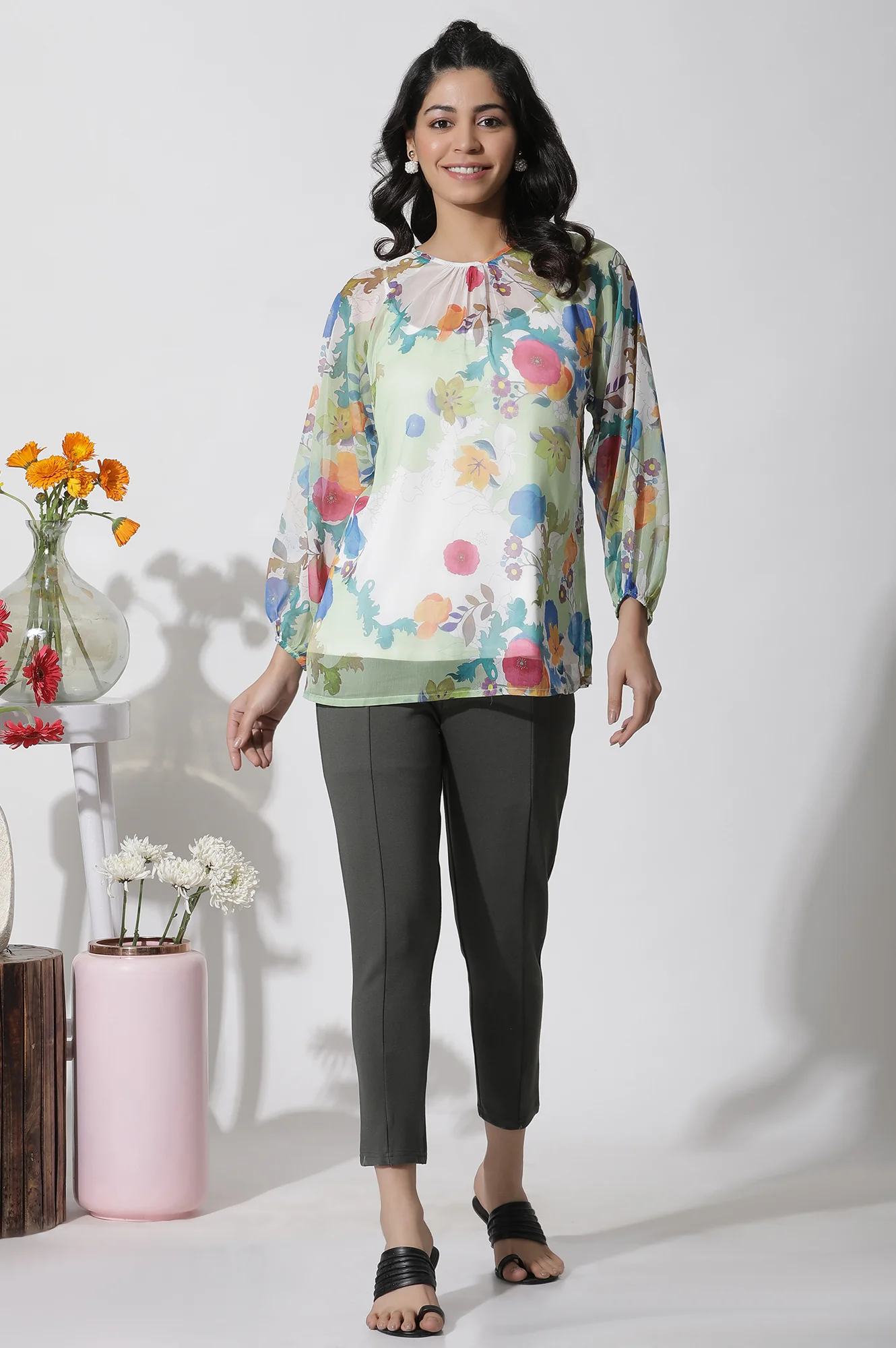 Whote Floral Printed Chiffon Top - Image 5