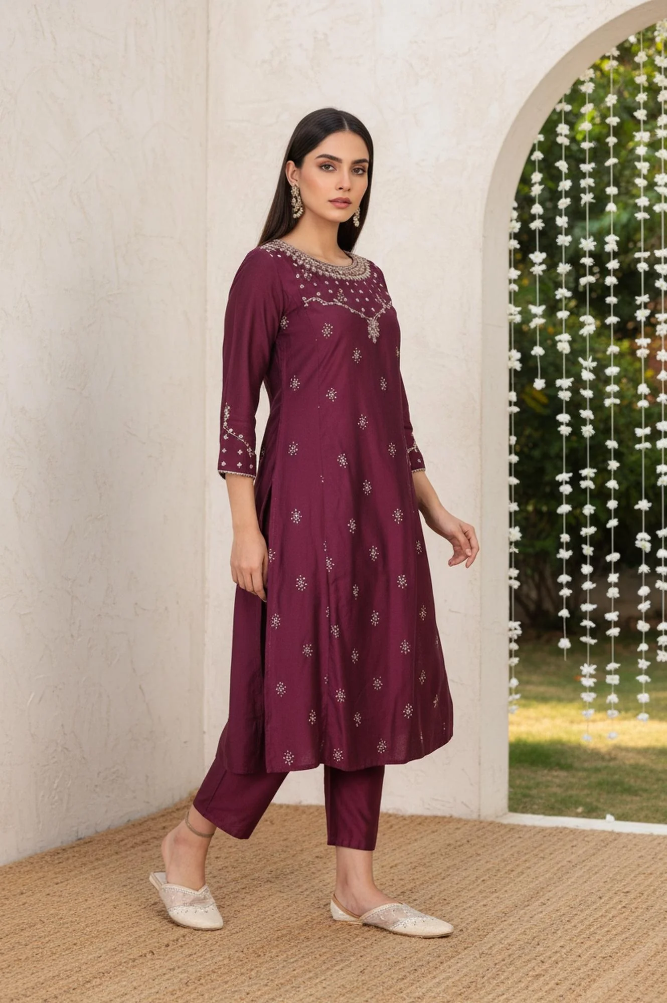 Wine Embroidered Straight Silk Blend Kurta with Straight Pant and Dupatta Set - Image 6