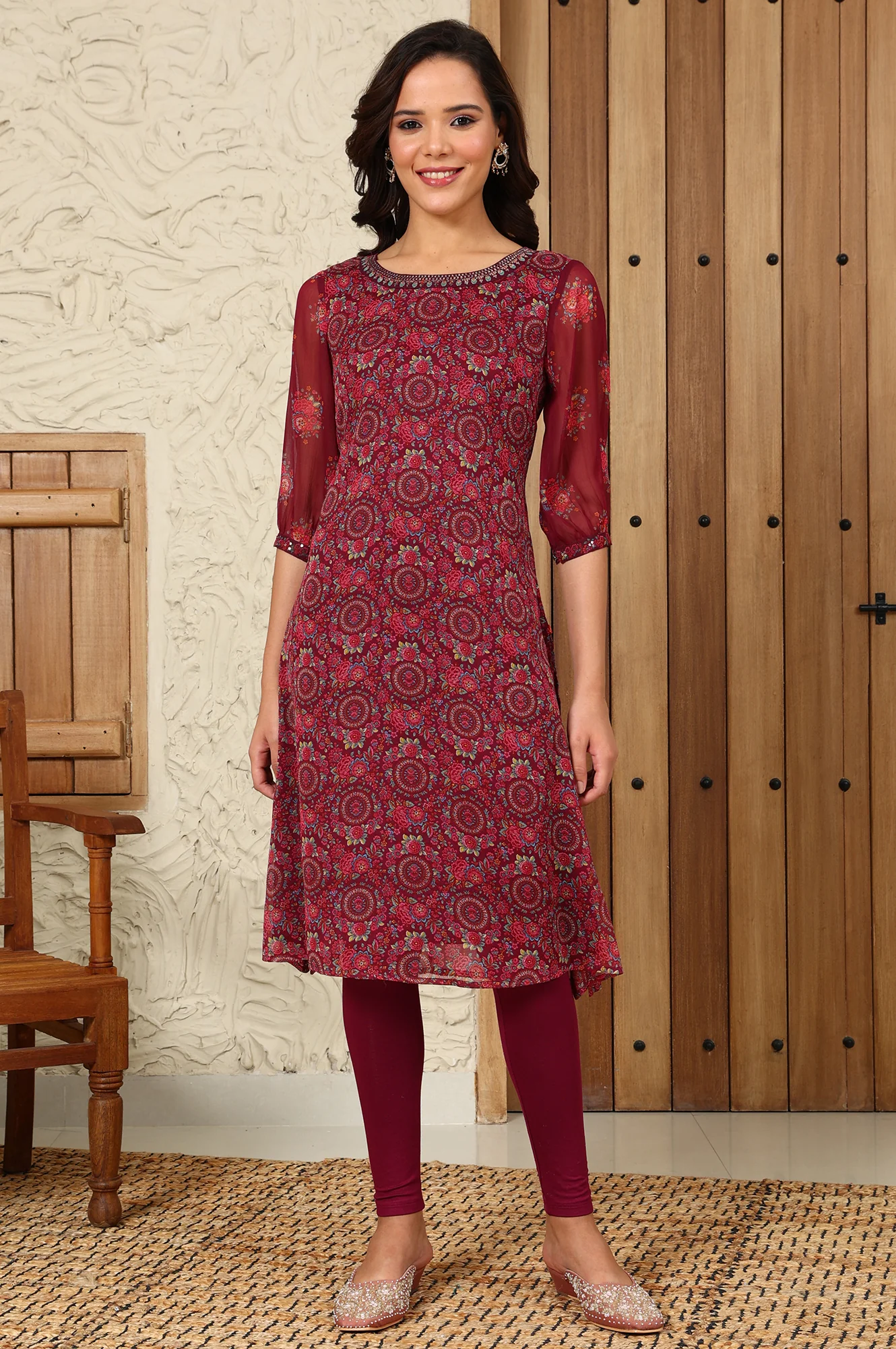 Wine Floral Printed Dori Embroidered Chiffon Kurta With Attached Lining - Image 2