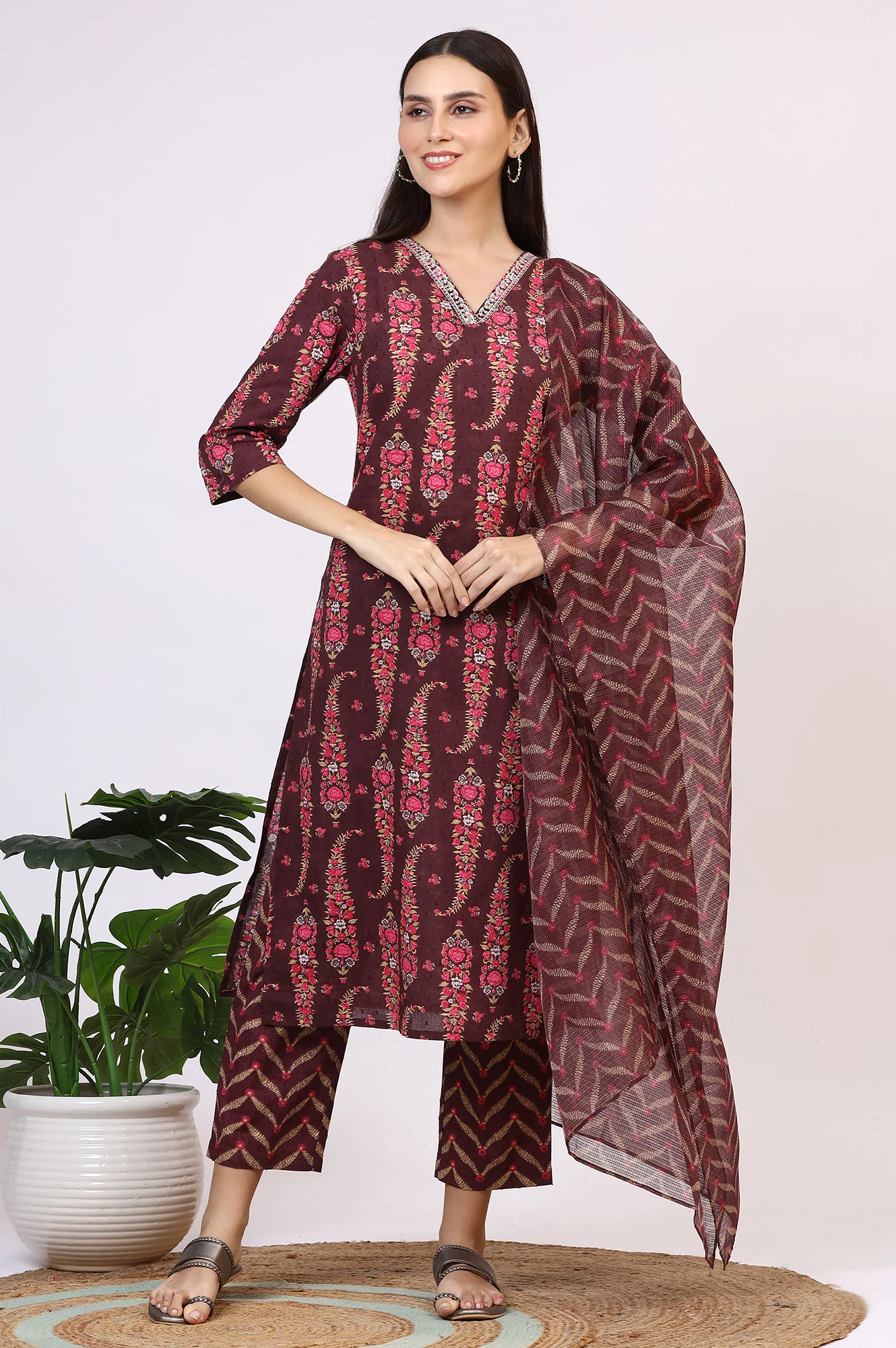 Wine Floral Printed Pure Cotton Straight Kurta and Pants Co-ord Set with Dupatta - Image 2