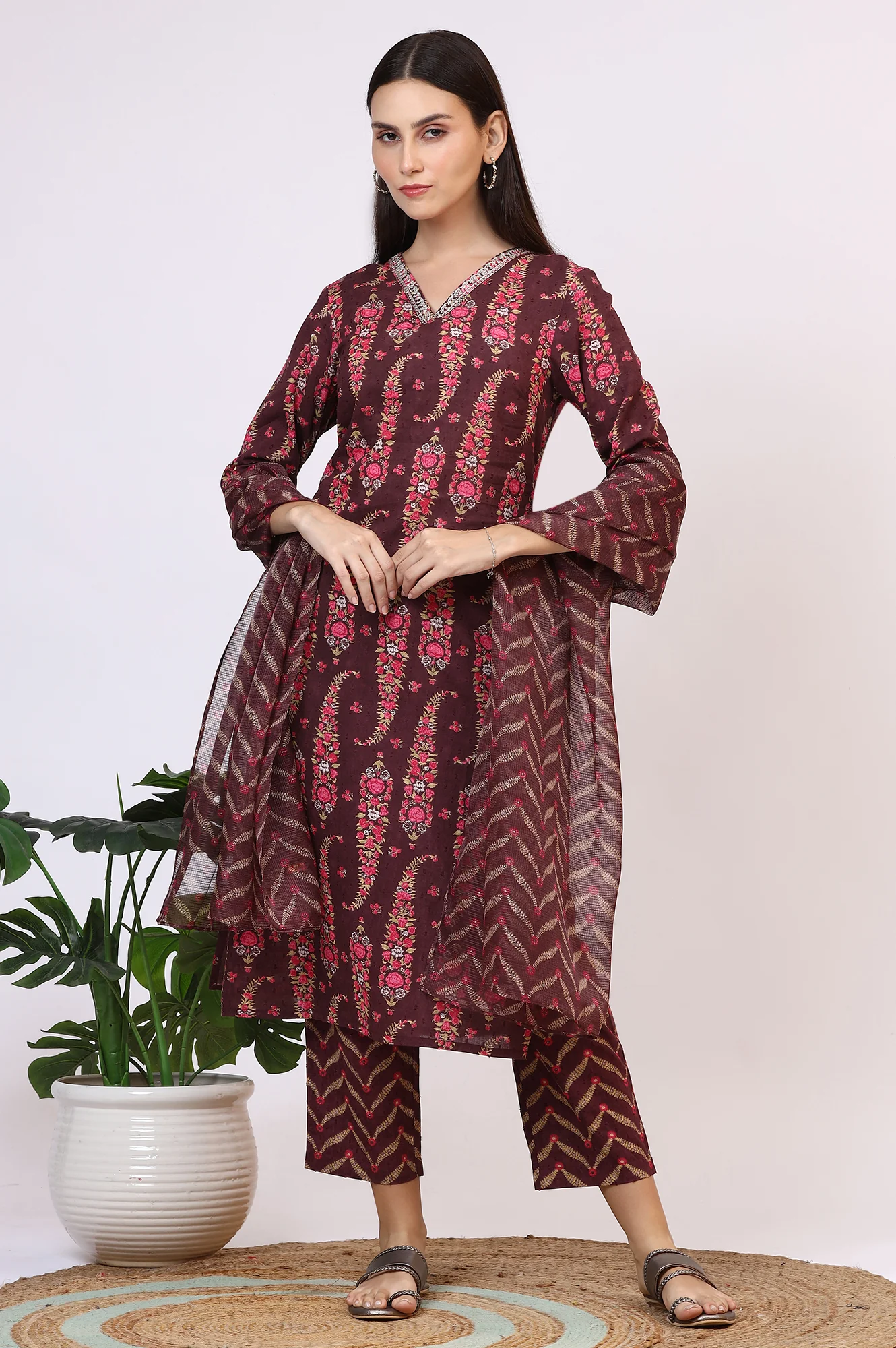 Wine Floral Printed Pure Cotton Straight Kurta and Pants Co-ord Set with Dupatta - Image 3