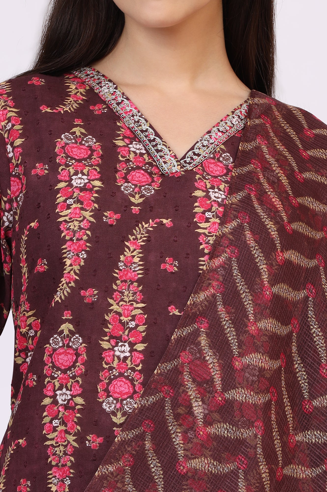 Wine Floral Printed Pure Cotton Straight Kurta and Pants Co-ord Set with Dupatta - Image 4