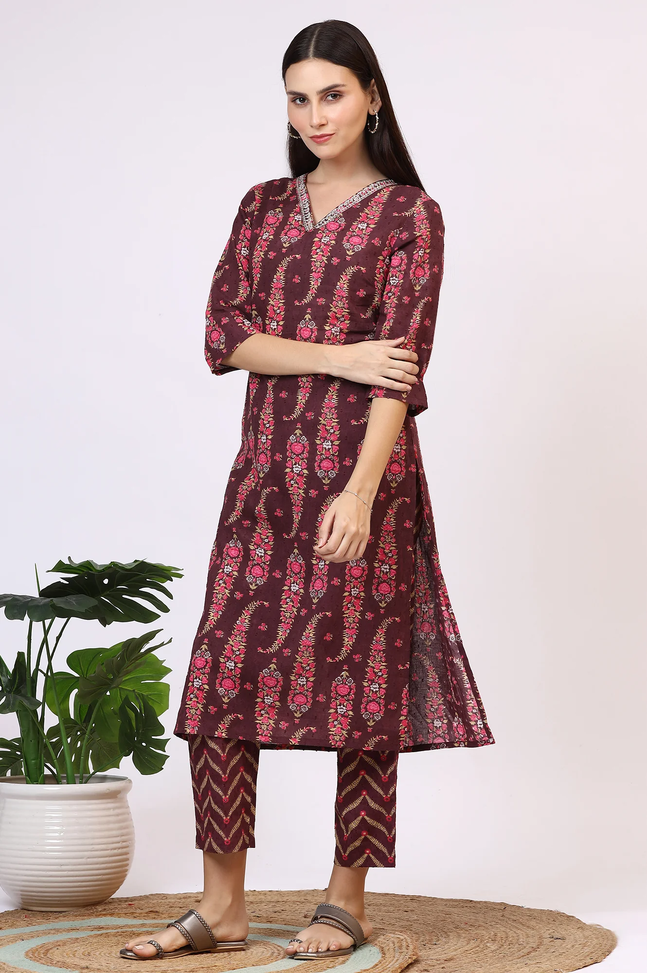 Wine Floral Printed Pure Cotton Straight Kurta and Pants Co-ord Set with Dupatta - Image 5
