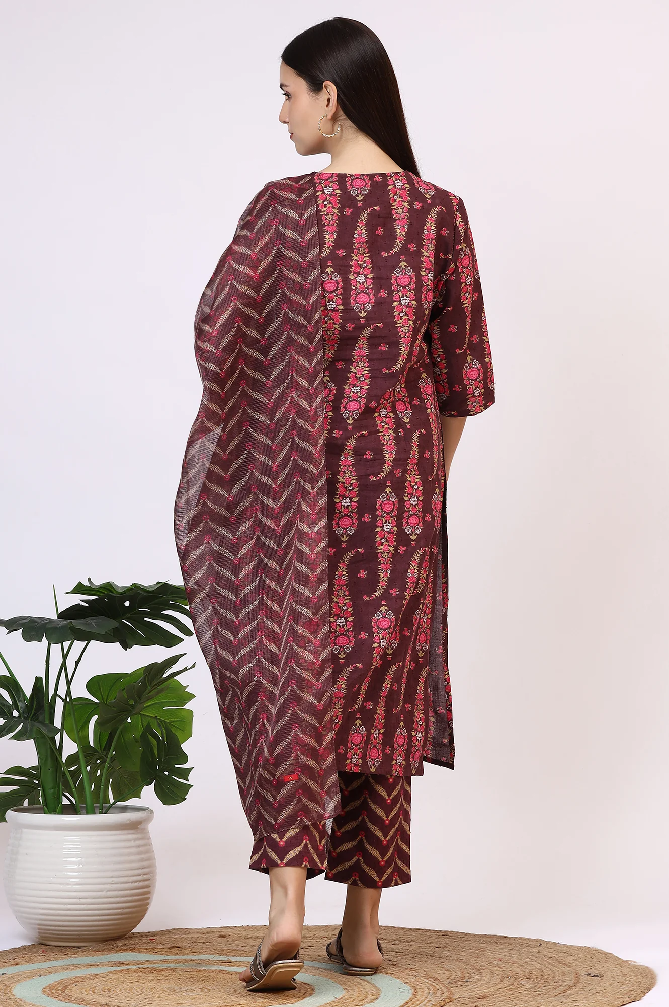 Wine Floral Printed Pure Cotton Straight Kurta and Pants Co-ord Set with Dupatta - Image 6