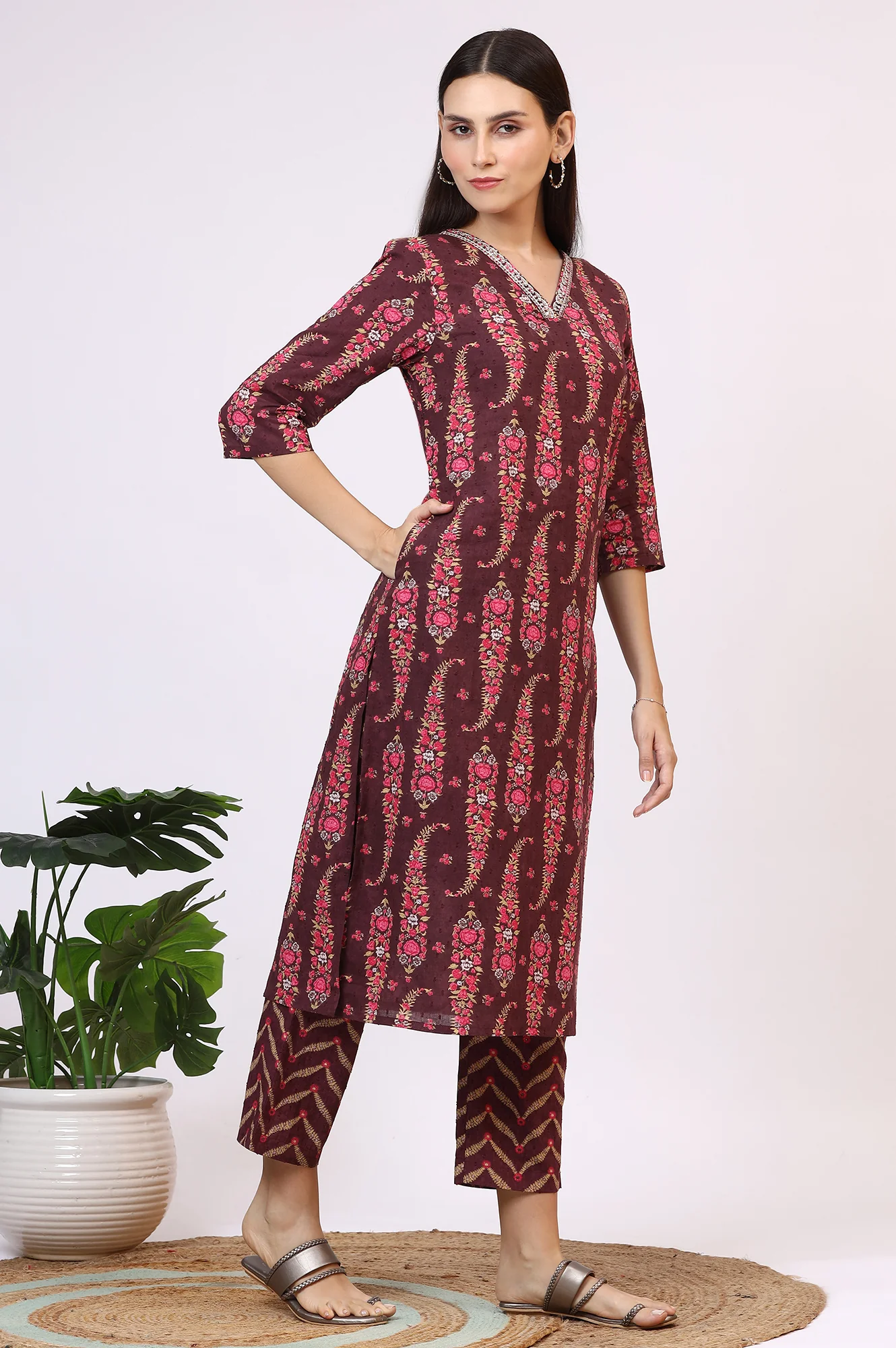 Wine Floral Printed Pure Cotton Straight Kurta and Pants Co-ord Set with Dupatta - Image 7