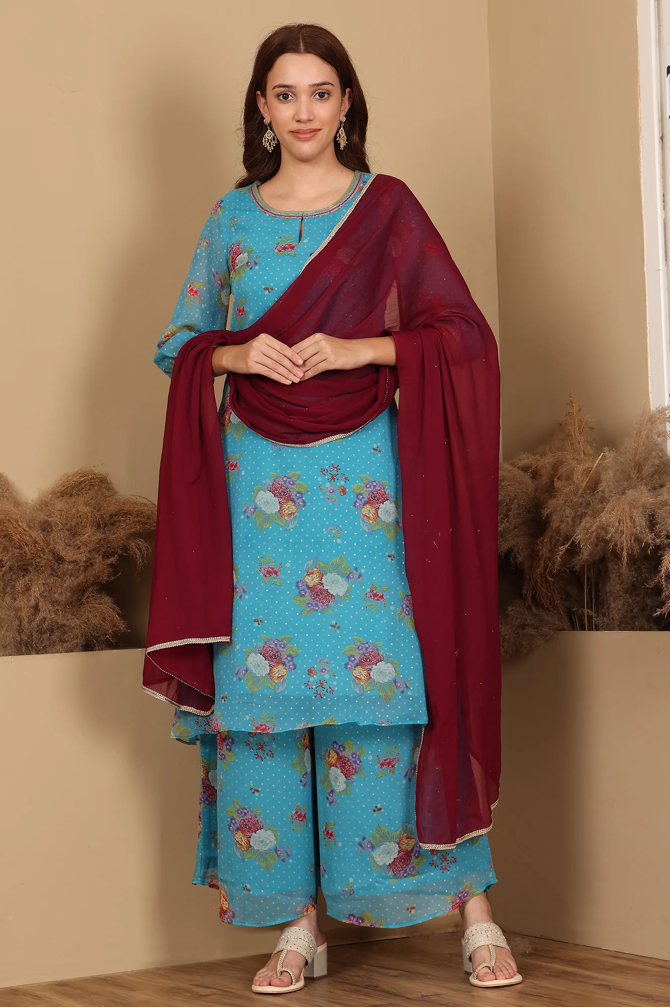 Wine Gold Mukaish Chiffon Dupatta With Gota Patti - Image 2