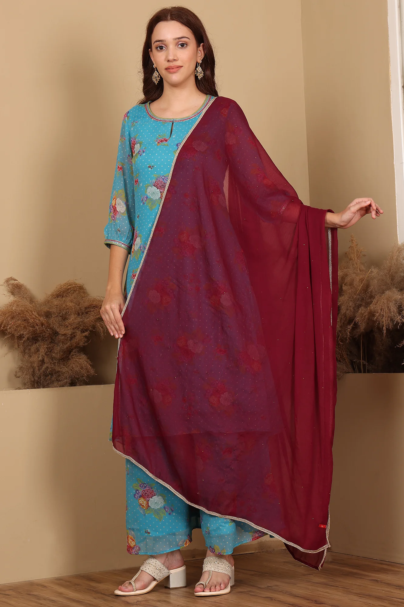 Wine Gold Mukaish Chiffon Dupatta With Gota Patti - Image 3