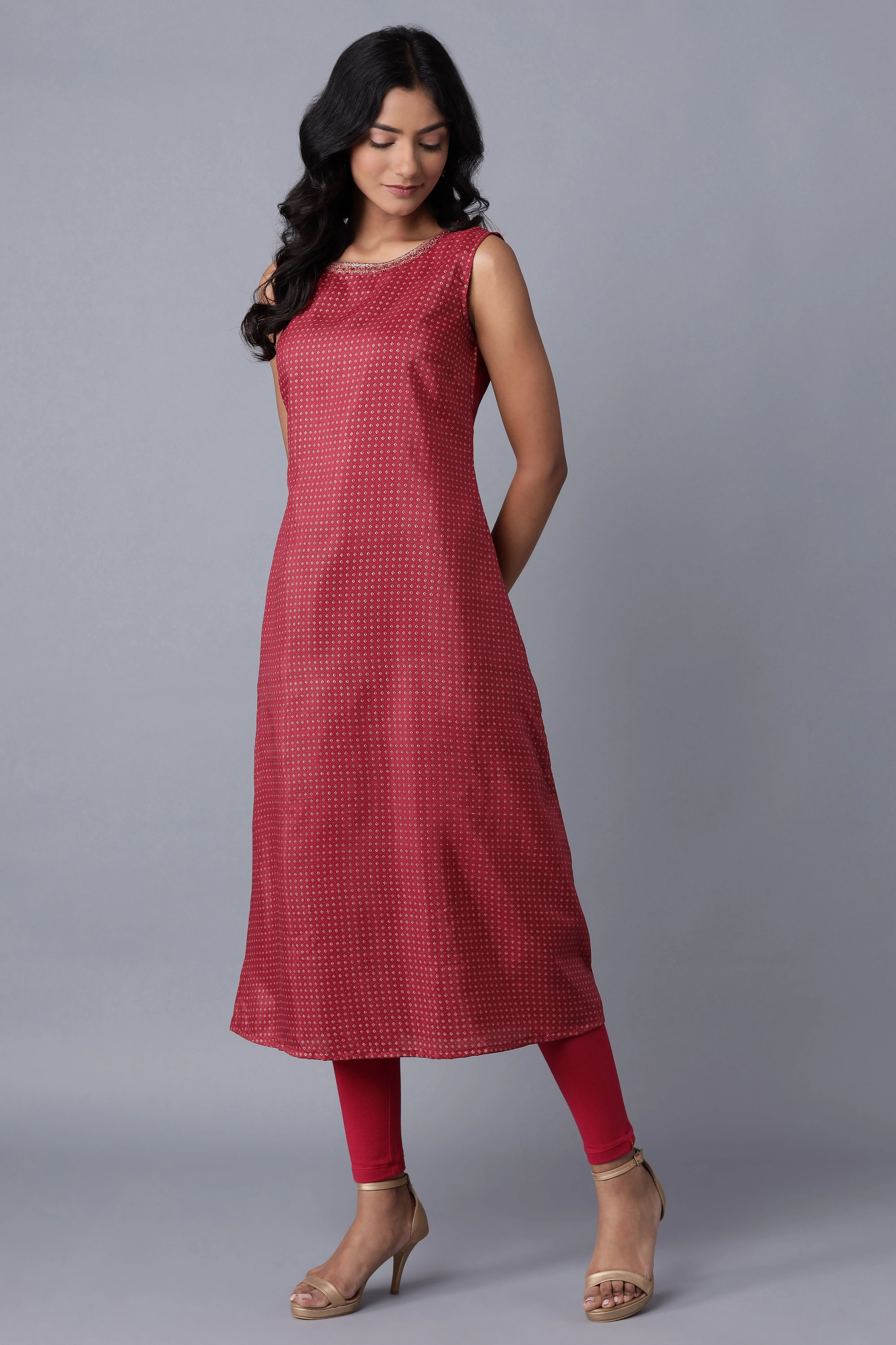 Wine Layered kurta-Solid Tights Set - Image 5
