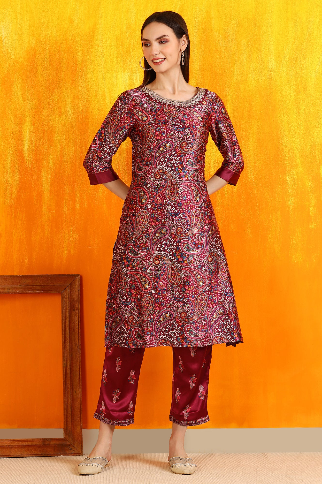 Wine Paisley Printed Japanese Satin Embroidered Kurta and Straight Pants Co-ord Set - Image 3