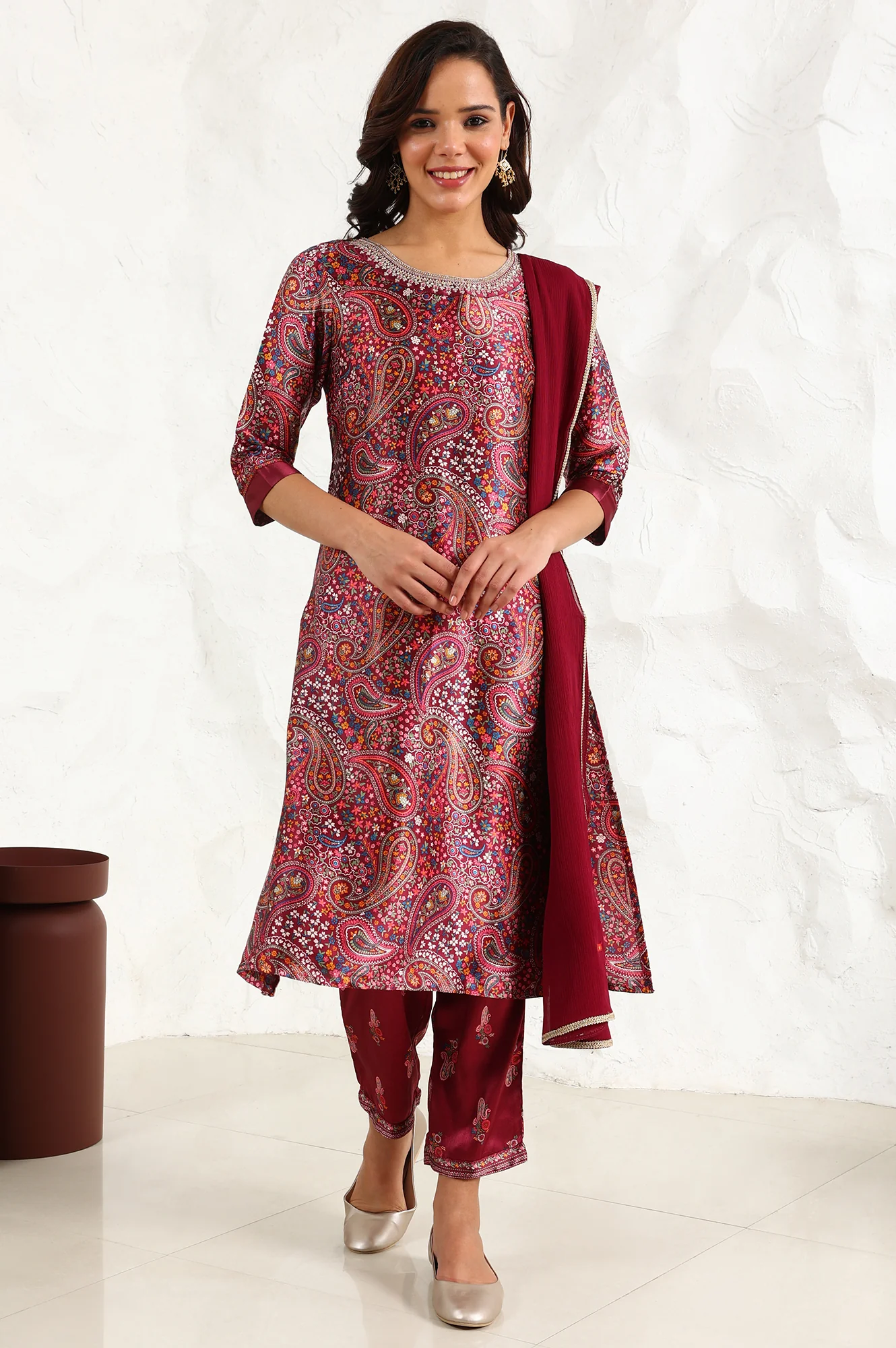 Wine Paisley Printed Japanese Satin Embroidered Neck Kurta With Straight Pants With Dupatta - Image 2