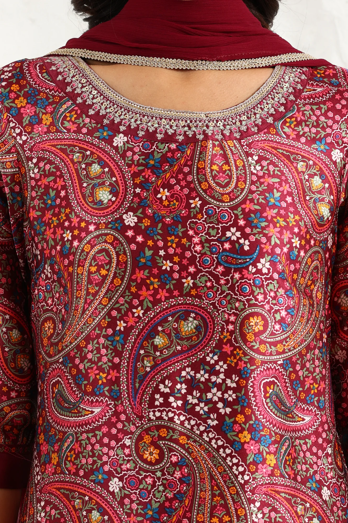 Wine Paisley Printed Japanese Satin Embroidered Neck Kurta With Straight Pants With Dupatta - Image 3