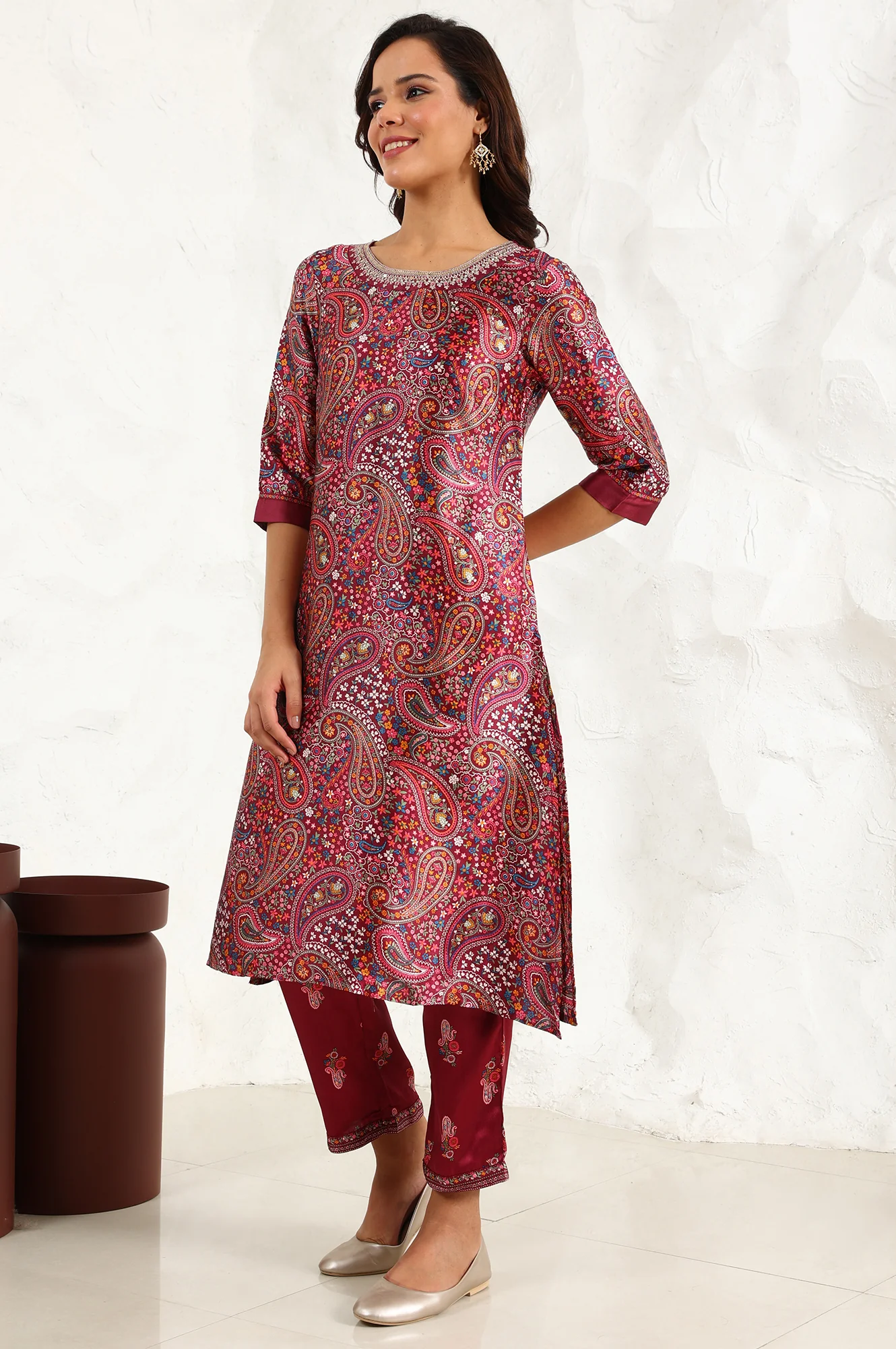 Wine Paisley Printed Japanese Satin Embroidered Neck Kurta With Straight Pants With Dupatta - Image 4