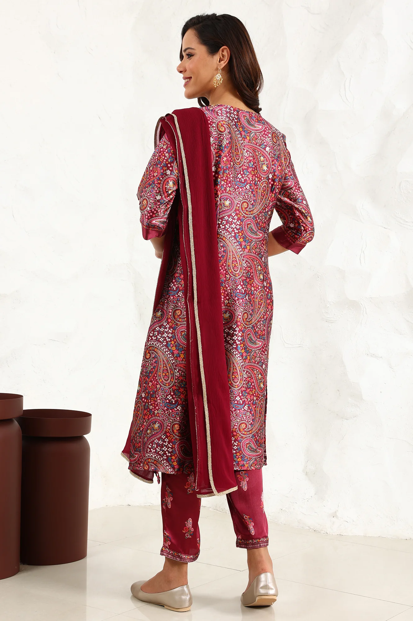 Wine Paisley Printed Japanese Satin Embroidered Neck Kurta With Straight Pants With Dupatta - Image 5