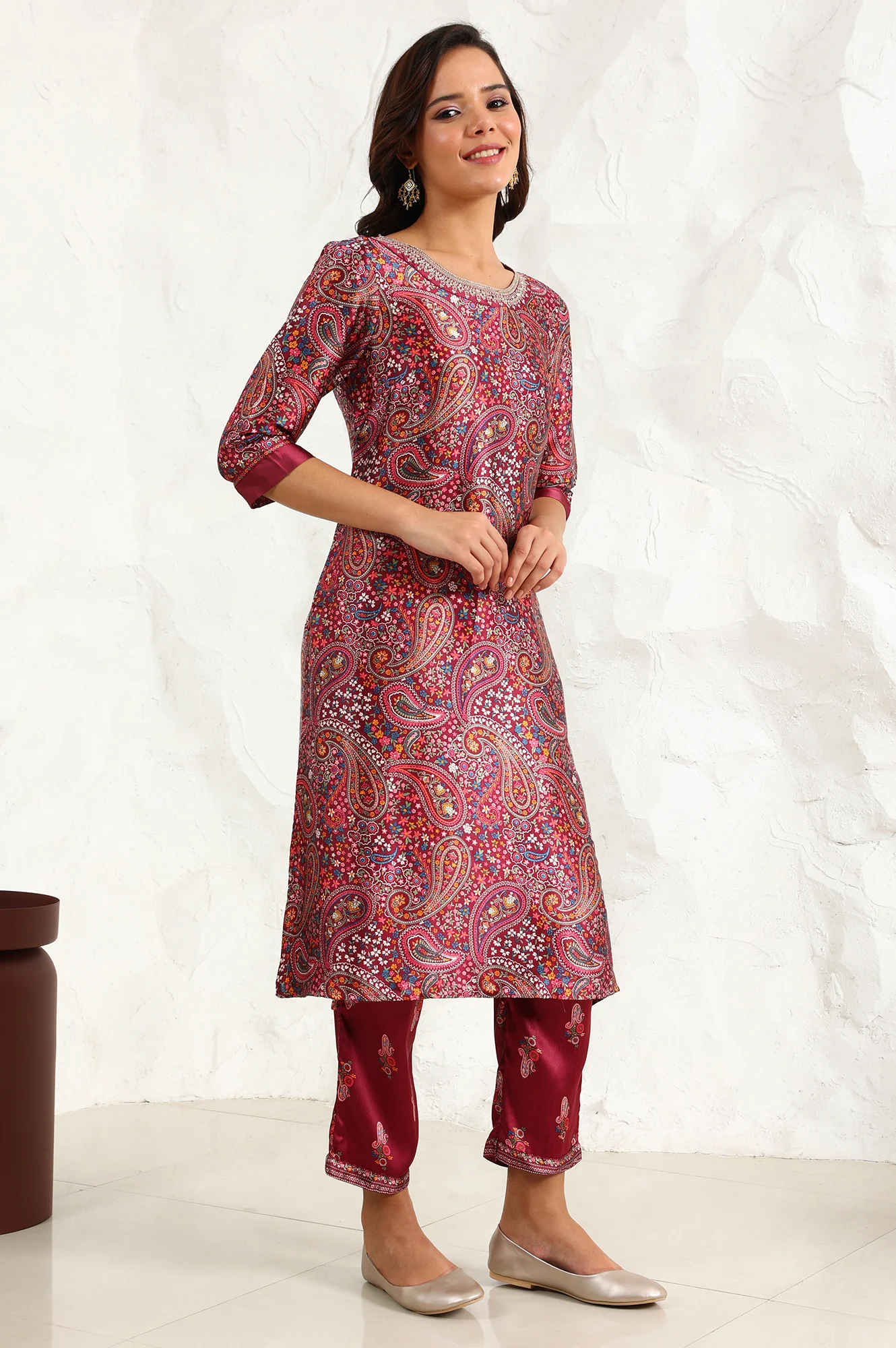 Wine Paisley Printed Japanese Satin Embroidered Neck Kurta With Straight Pants With Dupatta - Image 6