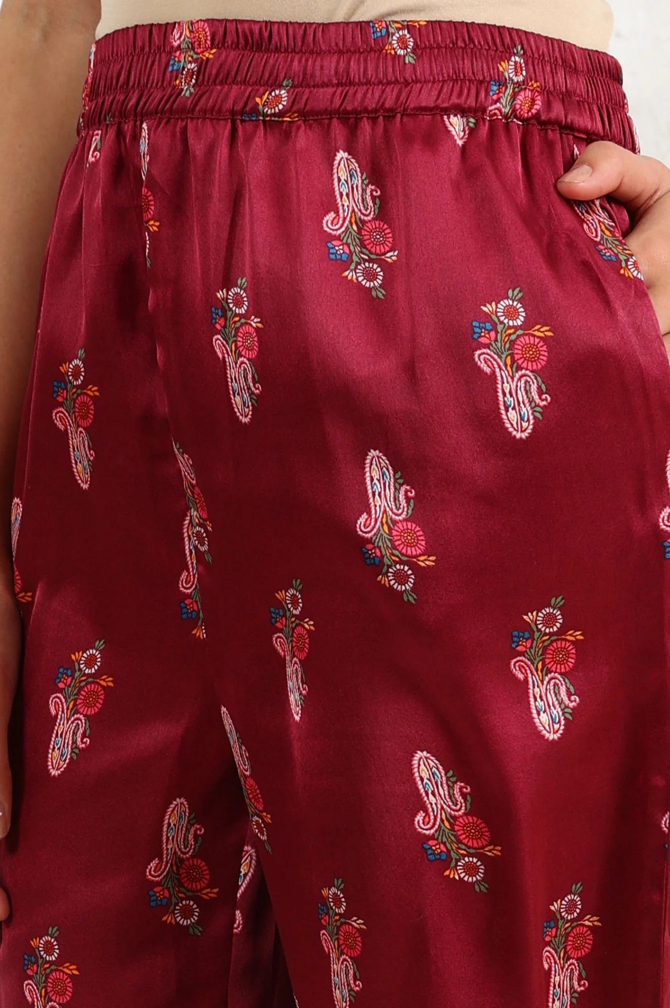 Wine Paisley Printed Japanese Satin Embroidered Neck Kurta With Straight Pants With Dupatta - Image 9