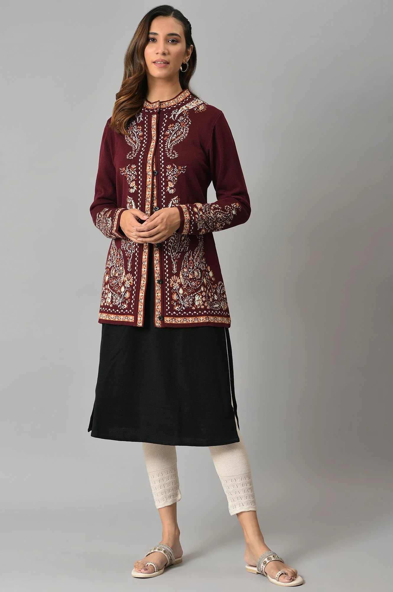 Wine Paisley Printed Short Cardigan - Image 5