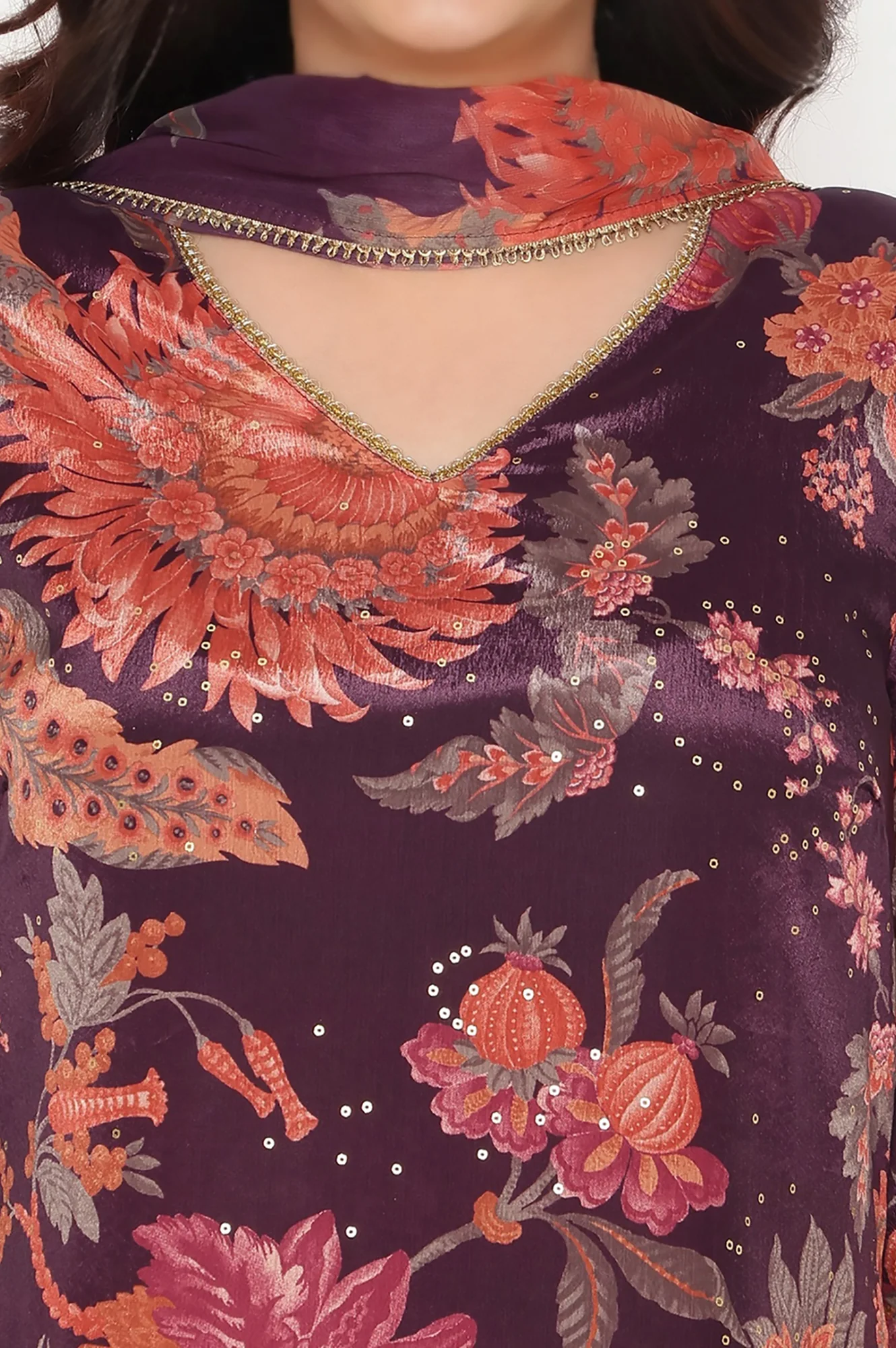 Wine Printed Chinon A-line Kurta, Straight Pant and Dupatta Set - Image 2