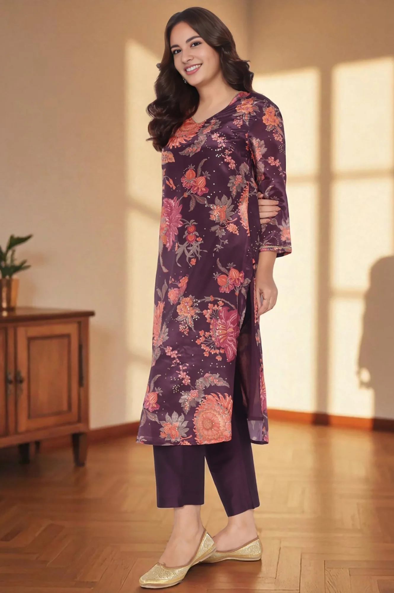 Wine Printed Chinon A-line Kurta, Straight Pant and Dupatta Set - Image 5