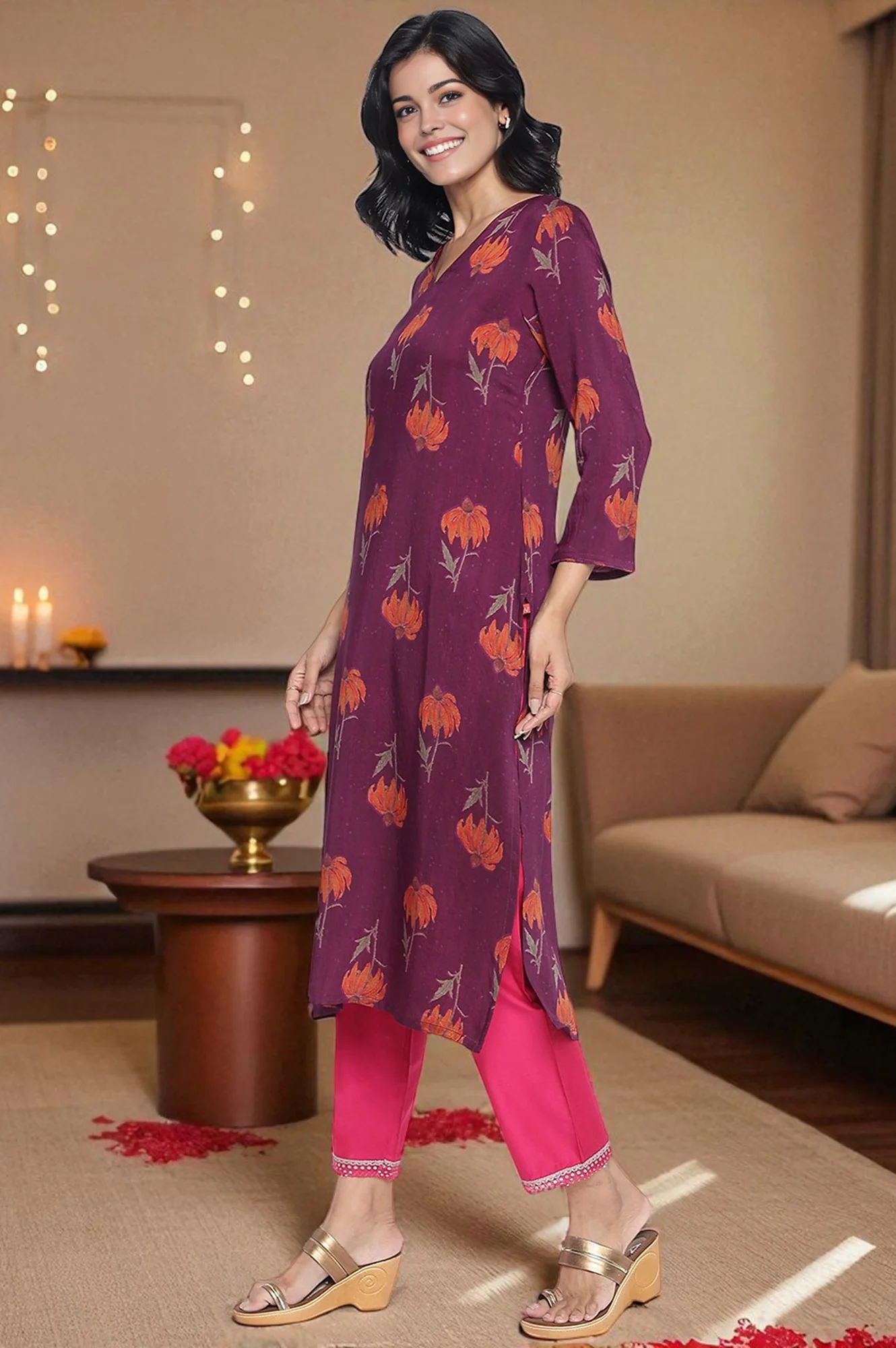 Wine Printed Crepe Straight Kurta - Image 3