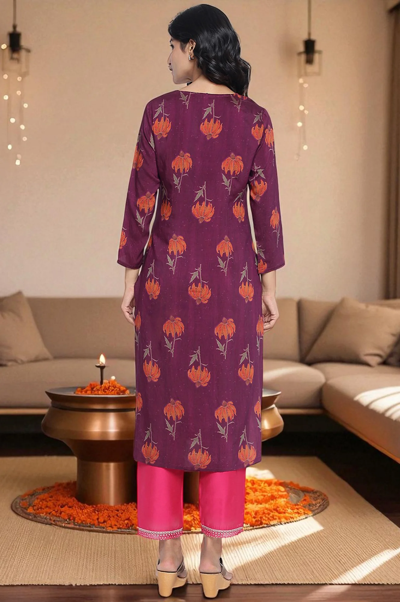 Wine Printed Crepe Straight Kurta - Image 4