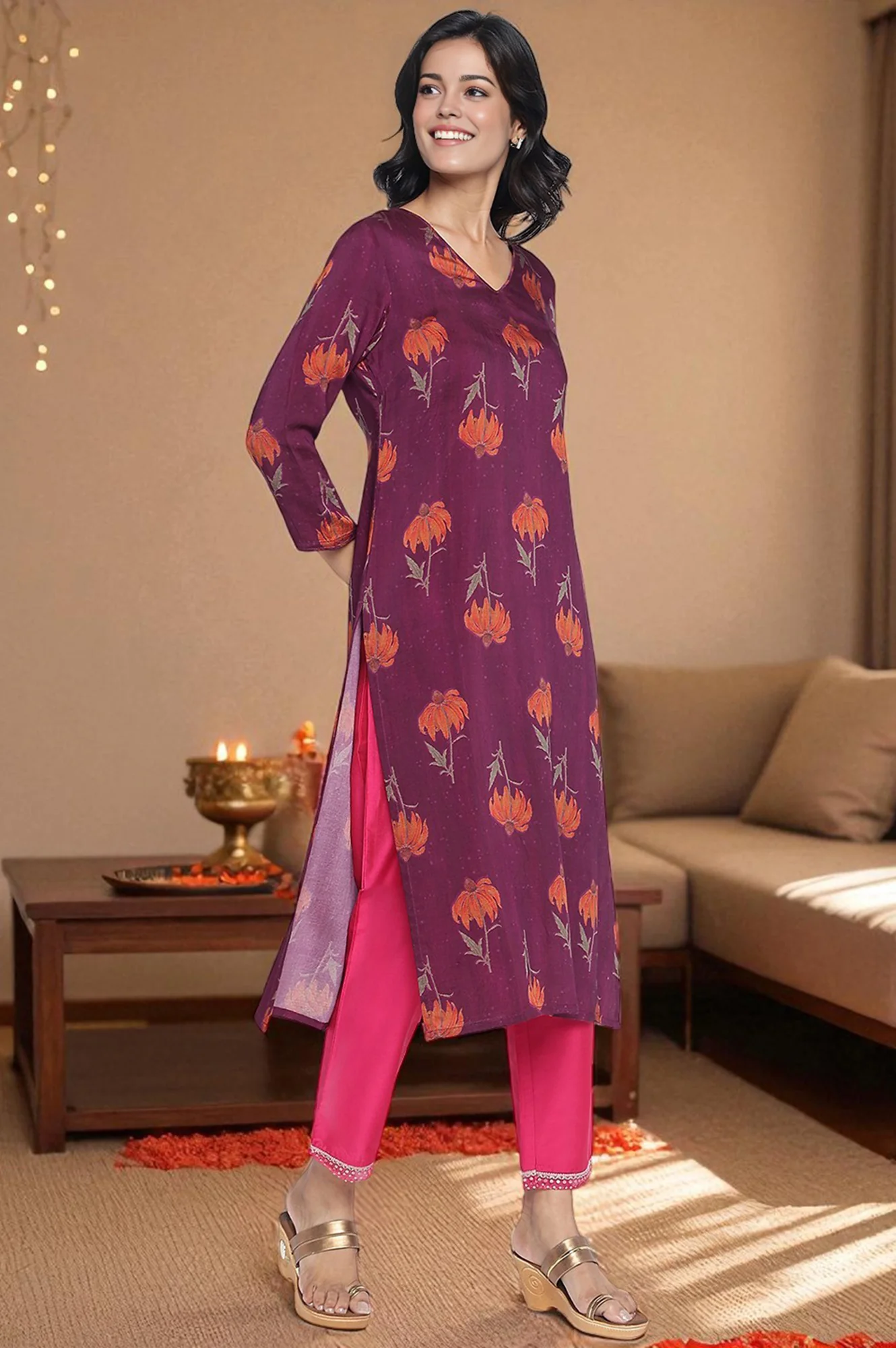 Wine Printed Crepe Straight Kurta - Image 5