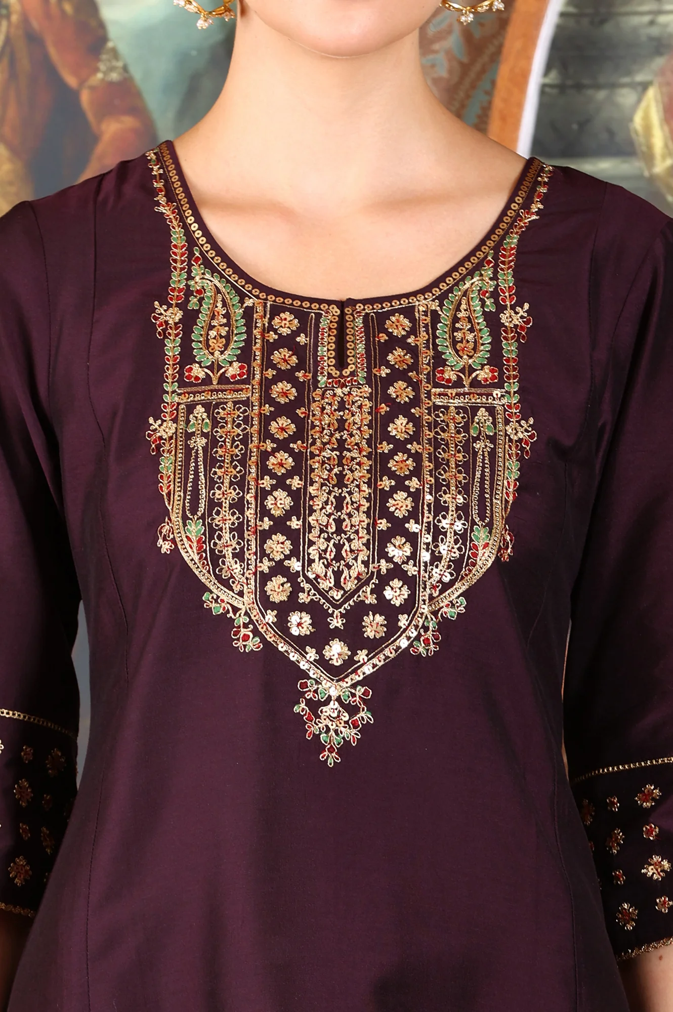 Wine Solid Flared Kurta With Embroidered Yoke - Image 4