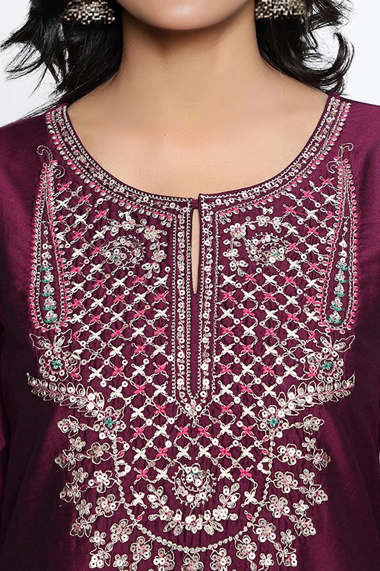 Wine Solid Printed Ps Straight Kurta - Image 2