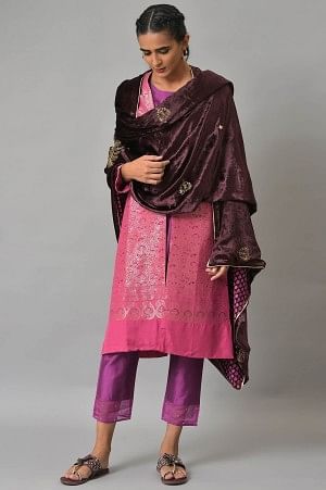 Wine Velvet Embroidered Doshala Shawl - Image 2