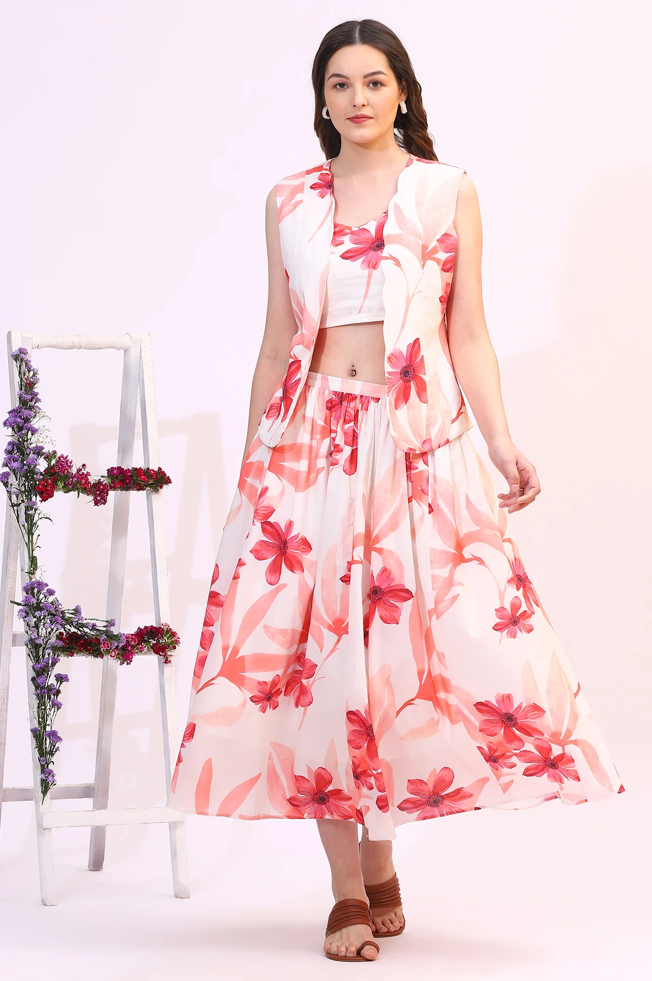 Wite Bold Floral Printed Pure Cotton Crop Top, Gilet and Skirt Set - Image 3