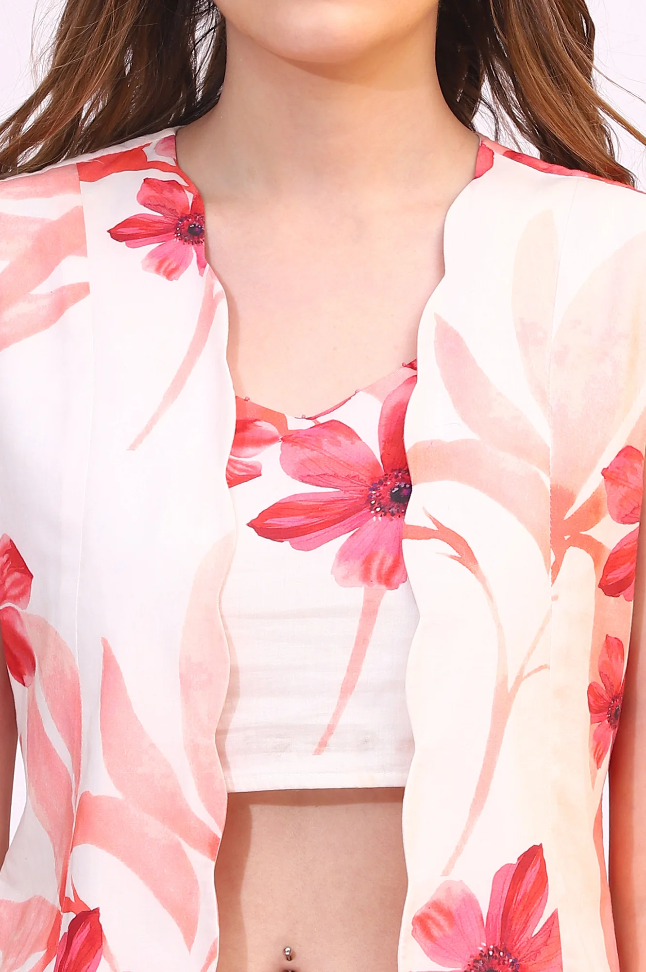 Wite Bold Floral Printed Pure Cotton Crop Top, Gilet and Skirt Set - Image 4